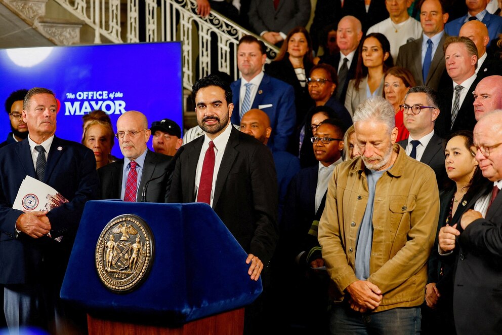 PHOTO: New York City Mayor Zohran Mamdani and actor Jon Stewart attend a press conference at City Hall in New York, September 8, 2026.