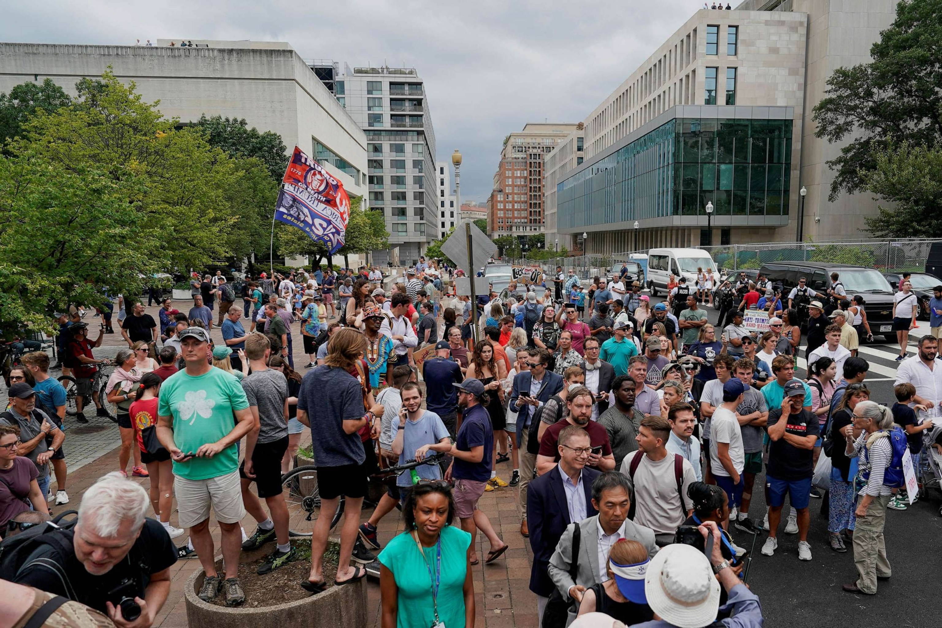 PHOTO: People gather on the day former U.S. President Donald Trump, who is facing federal charges related to attempts to overturn his 2020 election defeat, appears at the U.S. District Court in Washington, Aug. 3, 2023.