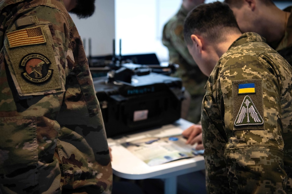 PHOTO: Chief Master Sgt. of the Air Force of the Armed Forces of Ukraine Kostiantyn Stanislavchuk is shown the next generation drones at the Hercules Innovation Lab at Ramstein Air Base, Germany, March 8, 2023.