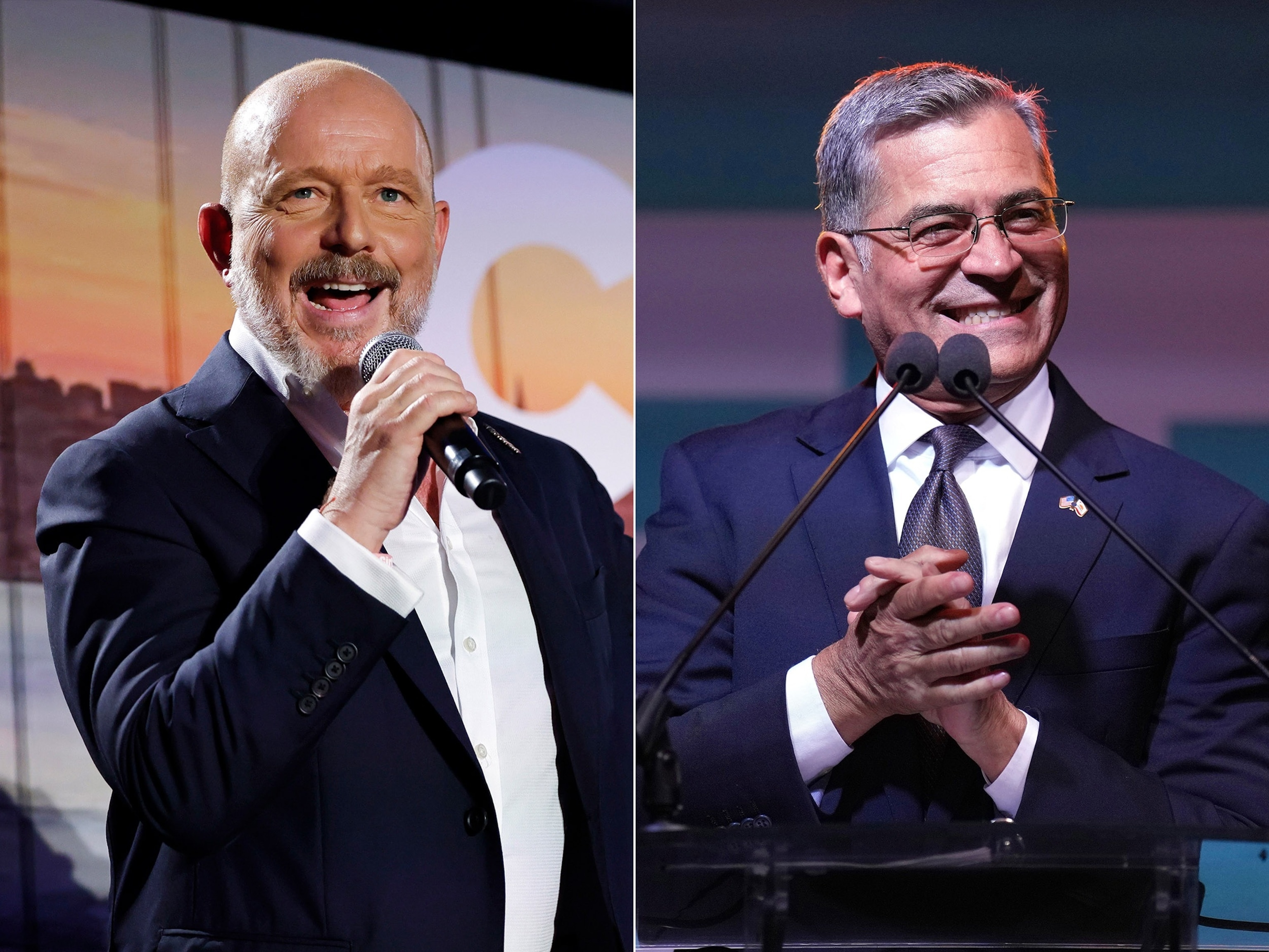 PHOTO: Gubernatorial candidate Steve Hilton speaks to supporters at his primary night event on June 2, 2026, in Huntington Beach, Calif. | Gubernatorial candidate Xavier Becerra speaks during an election night event on June 2, 2026, in Los Angeles.