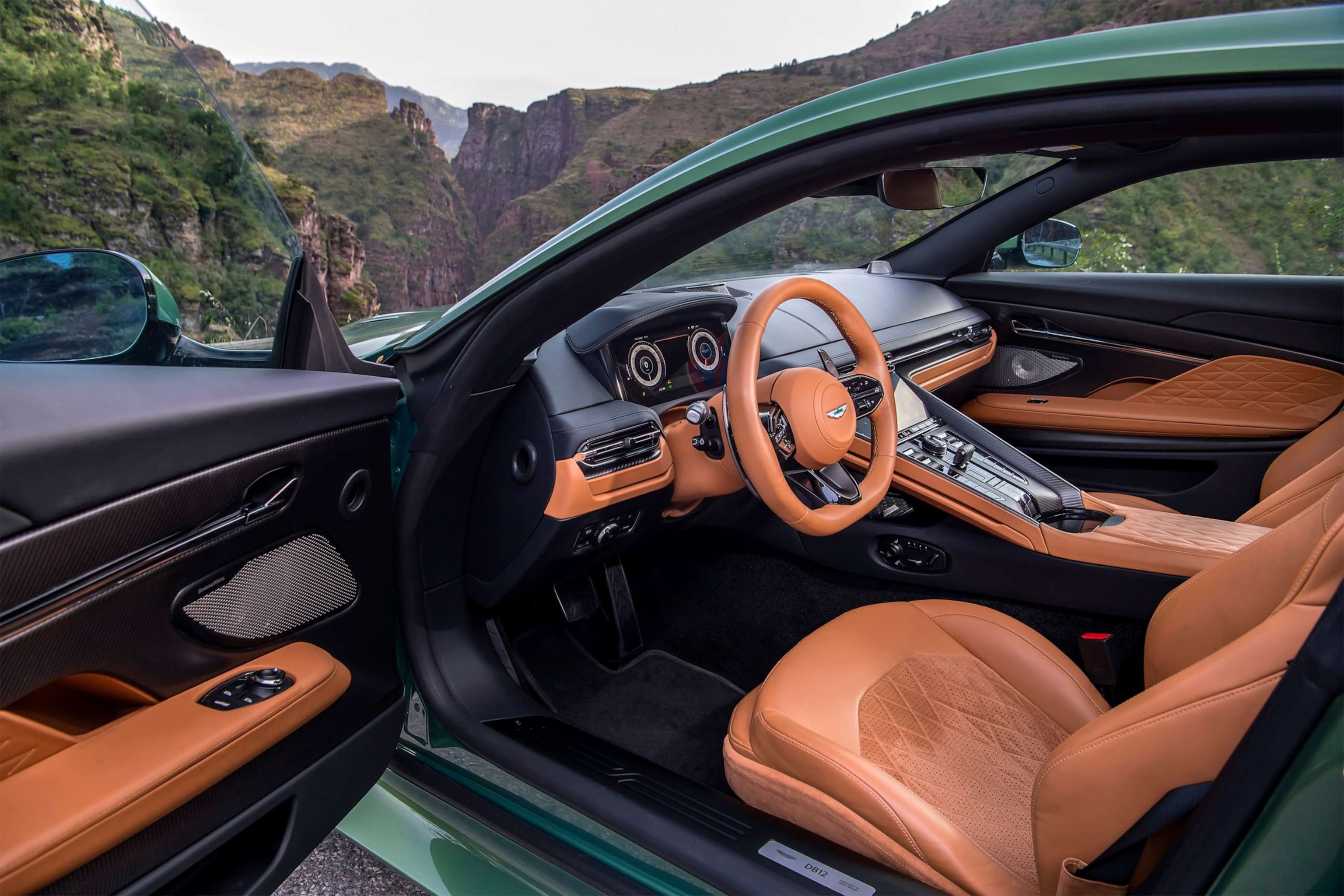 PHOTO: The interior of the new Aston Martin DB12 super tourer. Miles Nurnberger, Aston's design director, says modern production of leather has become more sustainable.