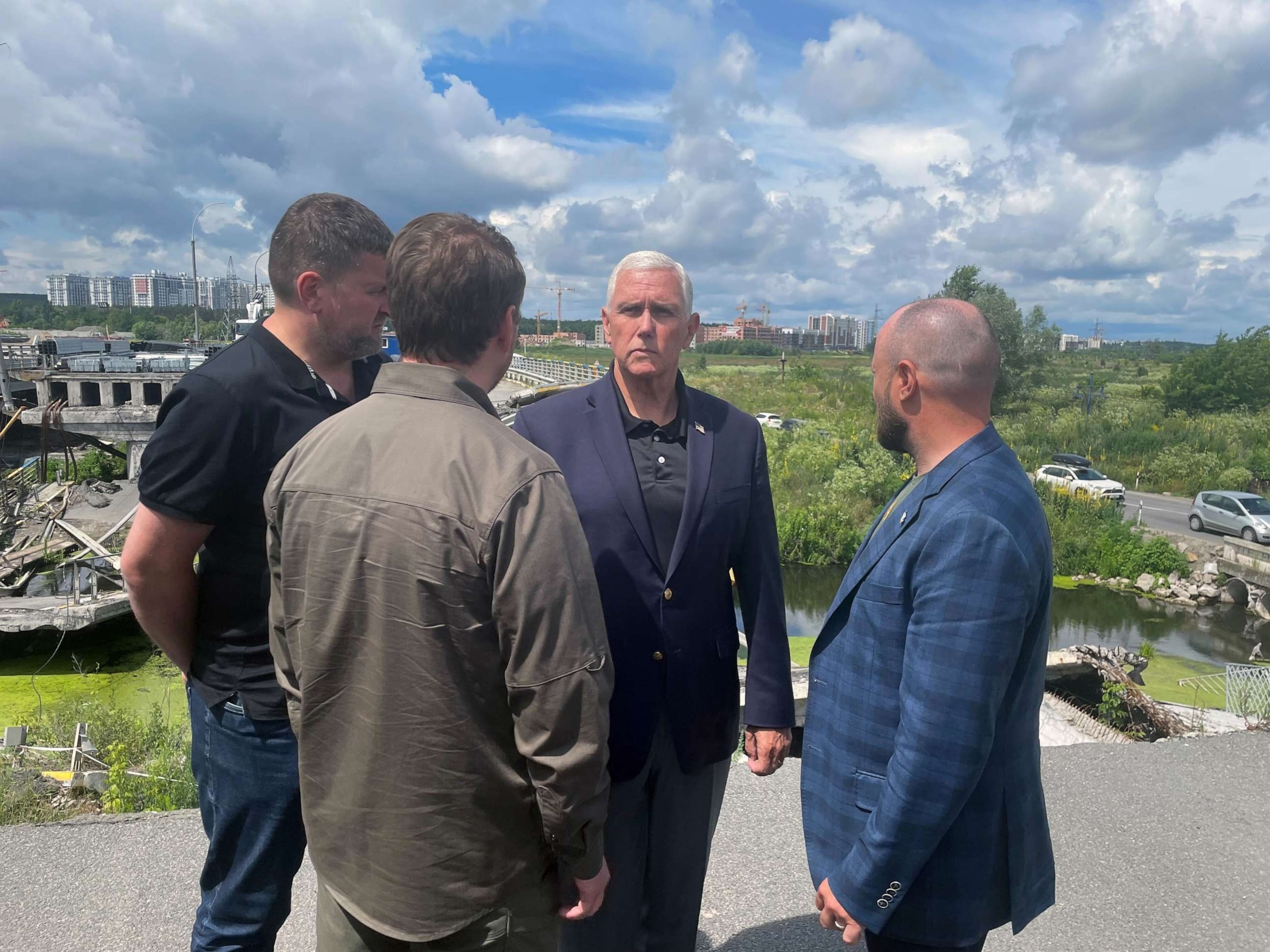 PHOTO: Former Vice President Mike Pence meets with local officials in Irpin, Ukraine, and surveys damage from Russia's invasion on June 29, 2023.