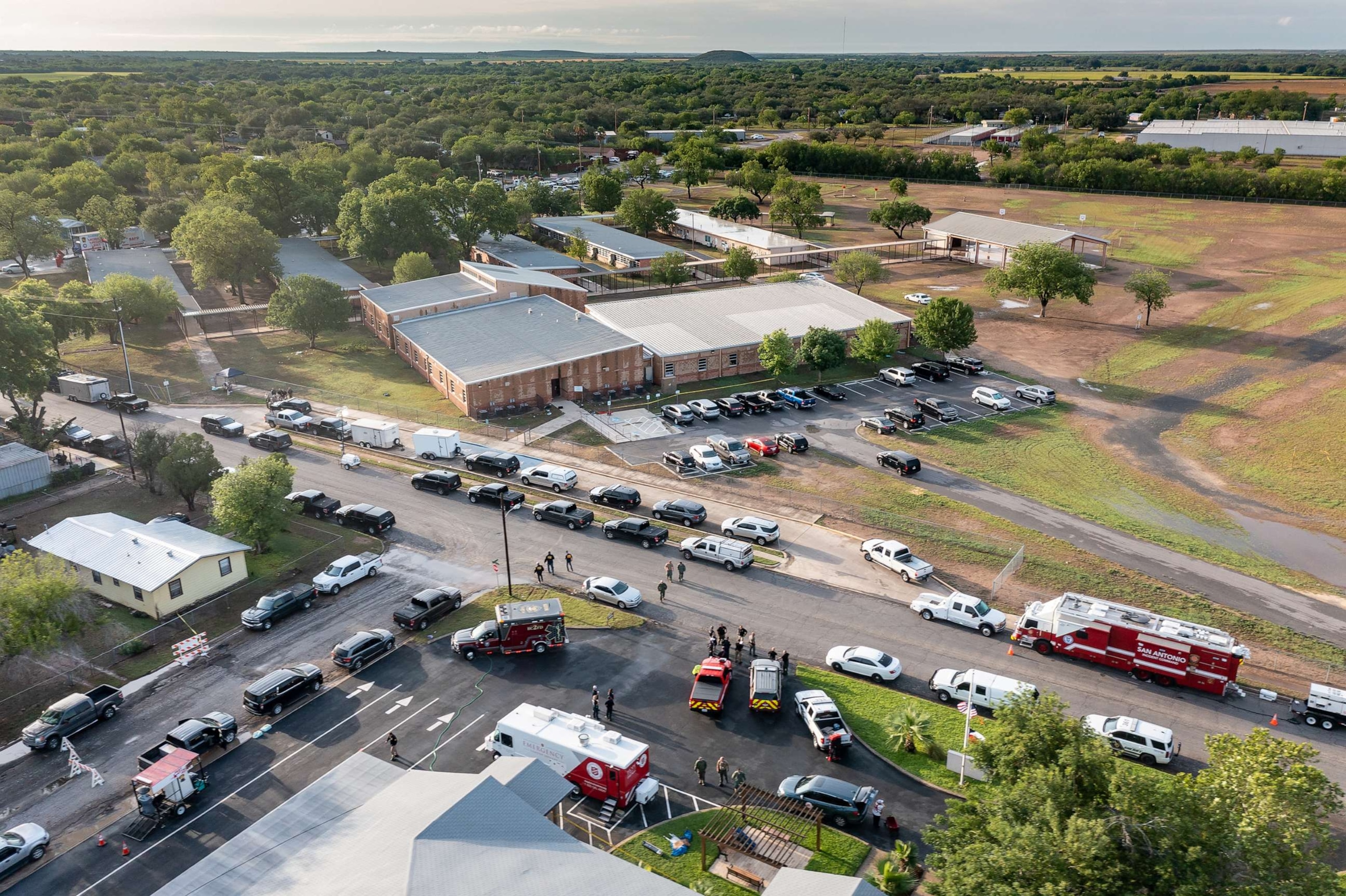 PHOTO: An aerial view of law enforcement working on the scene at Robb Elementary School, May 25, 2022, in Uvalde, Texas.