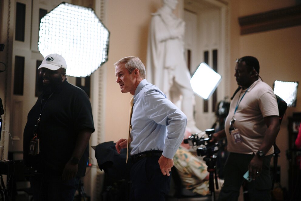PHOTO: Rep. Jim Jordan prepares for a television interview during a procedural vote on the One Big Beautiful Bill Act in the U.S. Capitol on July 2, 2025, in Washington, D.C.