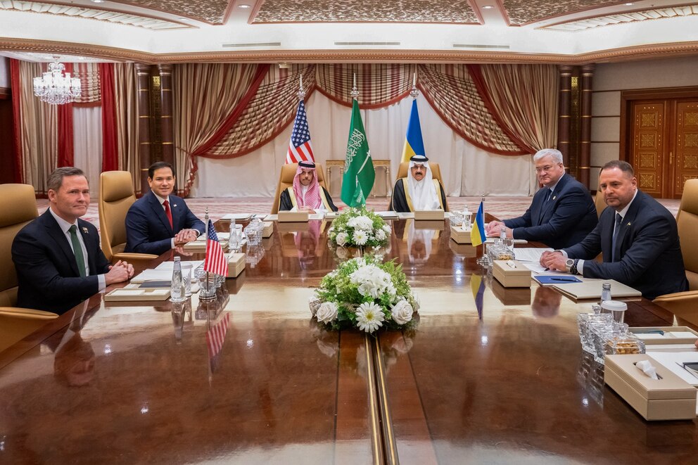 PHOTO: Secretary of State Marco Rubio, national security advisor Mike Waltz, Ukrainian Foreign Minister Andrii Sybiha, Ukrainian presidential office head Andriy Yermak and Ukrainian Defense Minister Rustem Umerov meet in Jeddah on March 11, 2025.