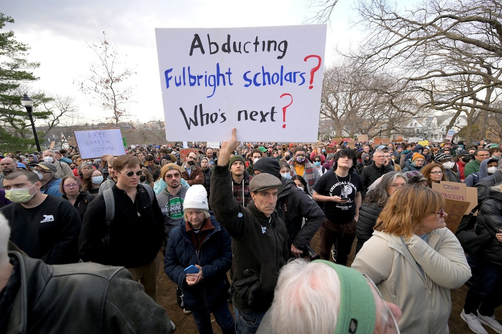 PHOTO: Demonstrators take part in the Stand with Rumeysa Ozturk,Tufts PHD Student emergency rally,  at Powder House Square Park, after Ozturk was taken into custody by federal agents, in Somerville, Massachusetts, March 26, 2025.  