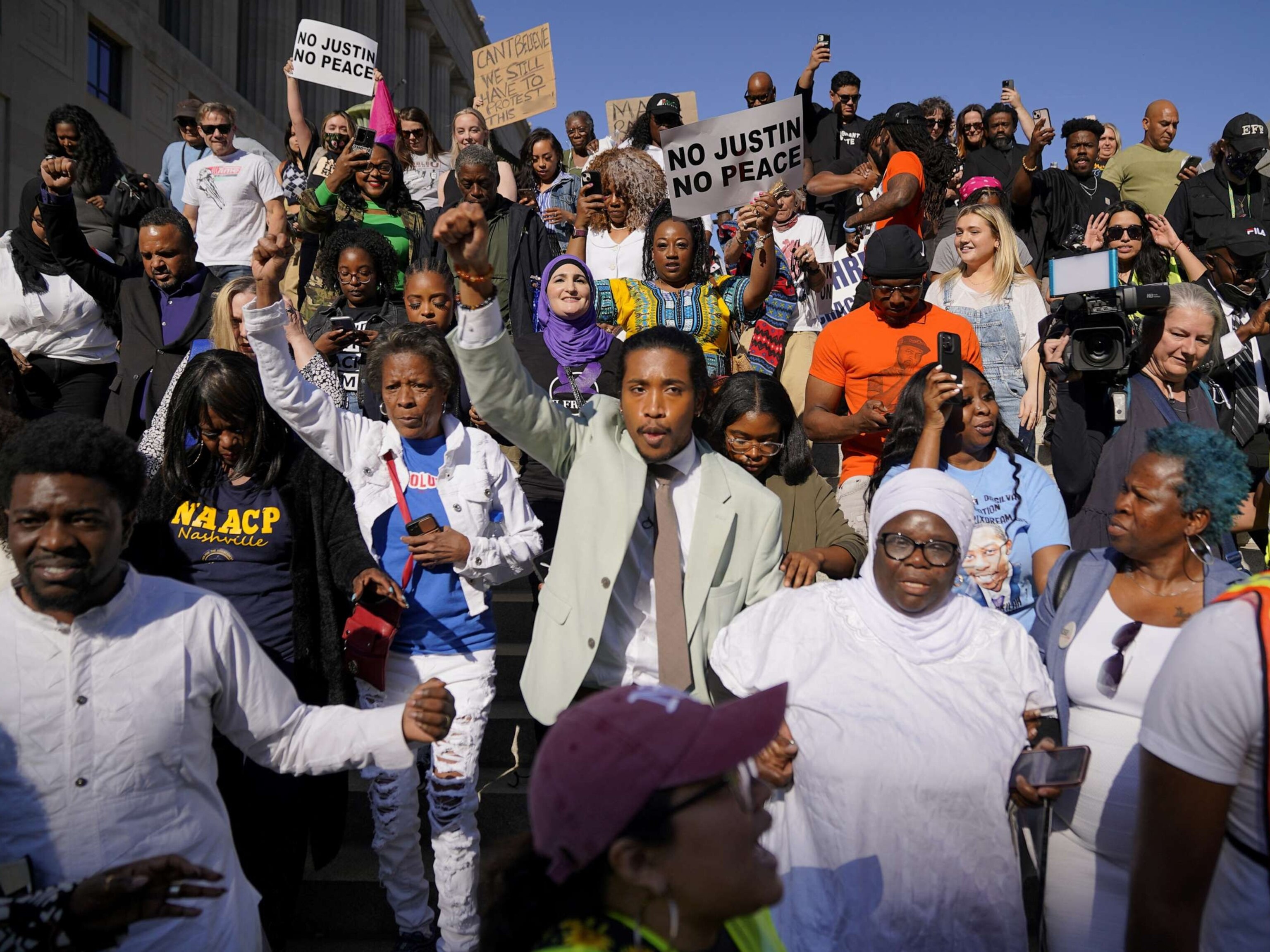 PHOTO: Rep. Jones leaves the Historic Metro Courthouse after being reinstated days after the Republican majority Tennessee House of Representatives voted to expel two Dem. members for their roles in a gun control demonstration in Tenn., April 10, 2023.