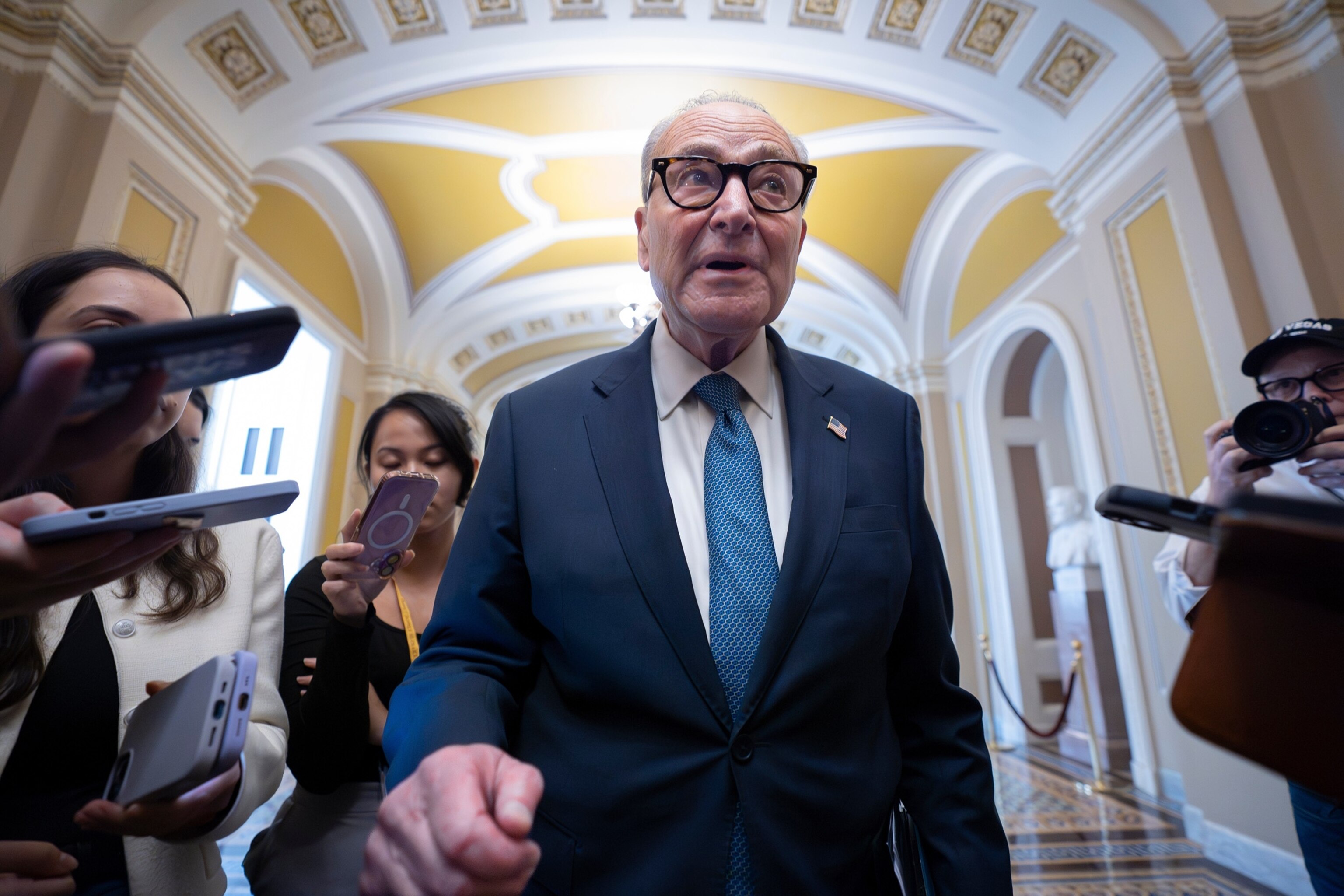 PHOTO: Senate Minority Leader Chuck Schumer, D-N.Y., talks to reporters at the Capitol in Washington, Monday, Sept. 29, 2025.