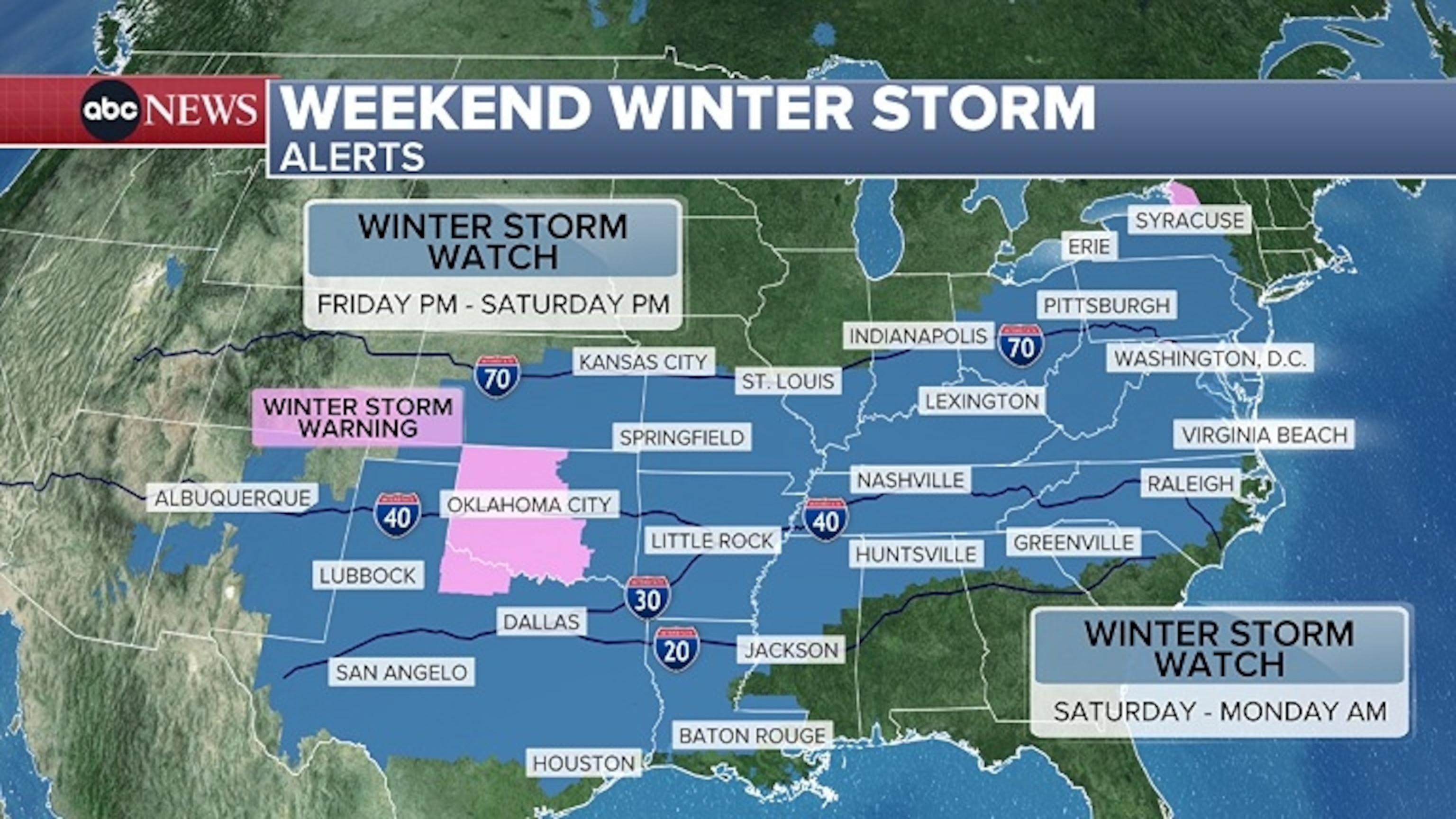 PHOTO: Weekend alert for winter weather from Friday PM to Sunday from the higher elevations of eastern Arizona and New Mexico out to North Carolina and up to New Jersey and New York.