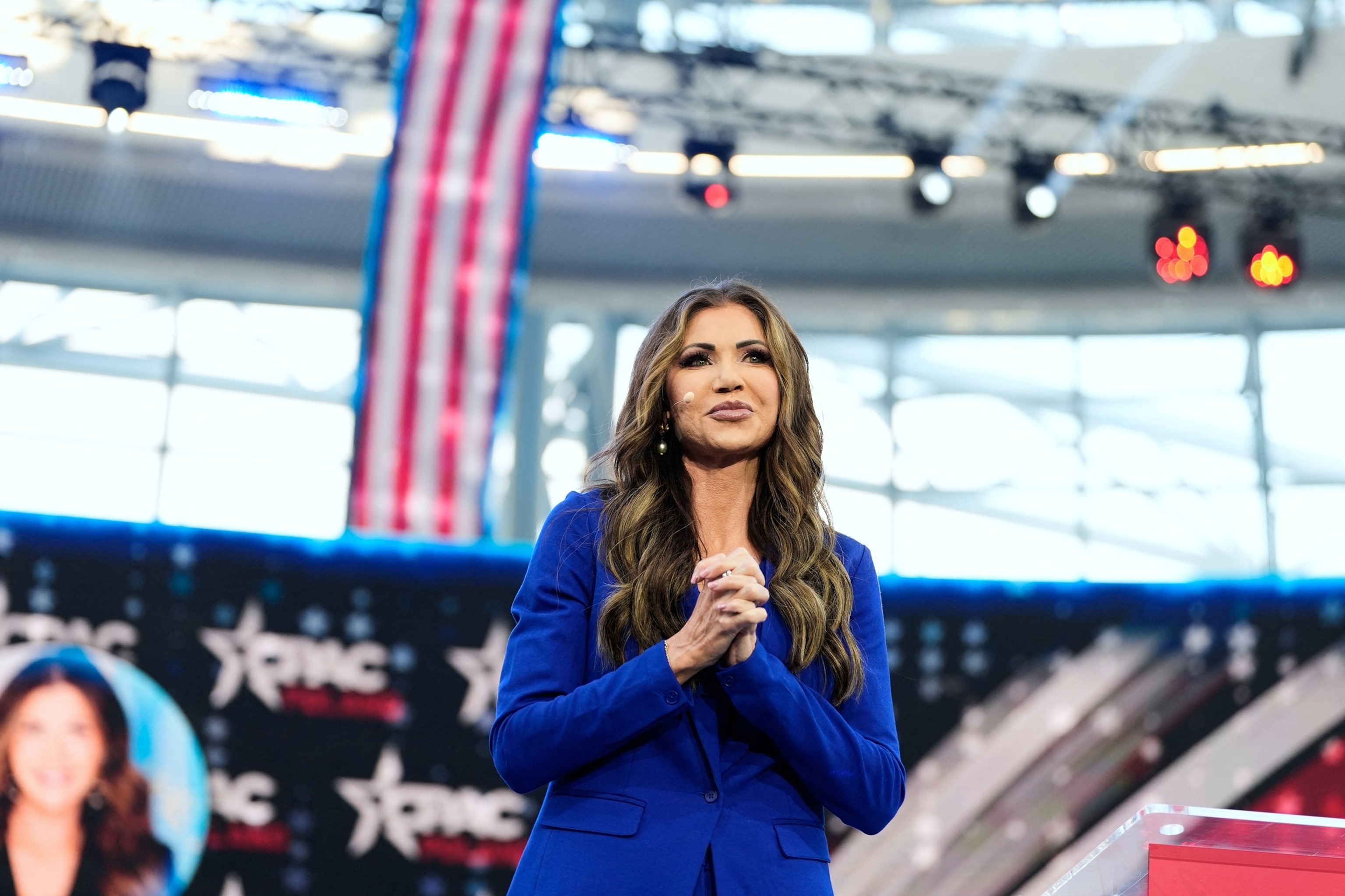 PHOTO: US Homeland Security Secretary Kristi Noem gestures as she arrives to speak at the Conservative Political Action Conference (CPAC) on May 27, 2025, in Jasionka, Poland.