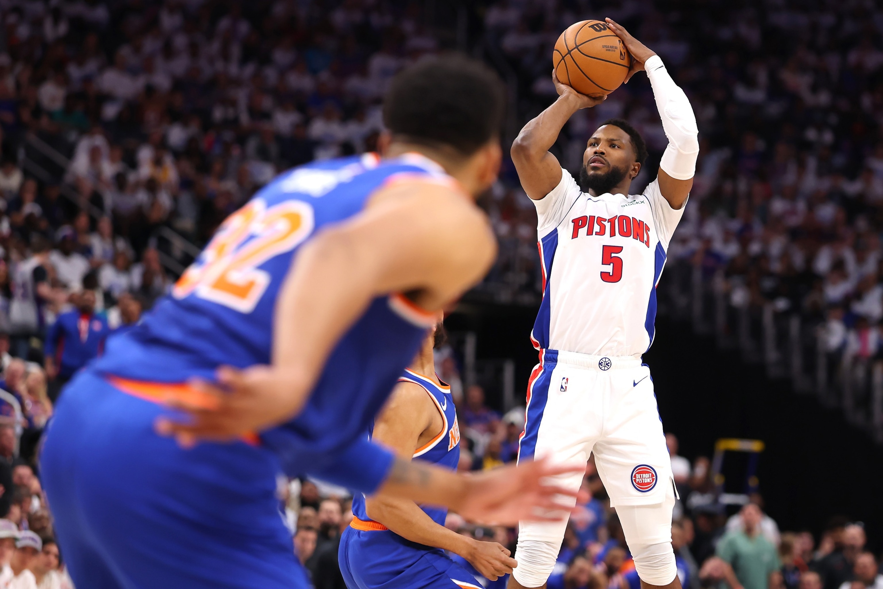 PHOTO: In this April 24, 2025, file photo, Malik Beasley #5 of the Detroit Pistons shoots the ball during the first half against the New York Knicks in the Eastern Conference First Round NBA Playoffs at Little Caesars Arena in Detroit, Michigan.