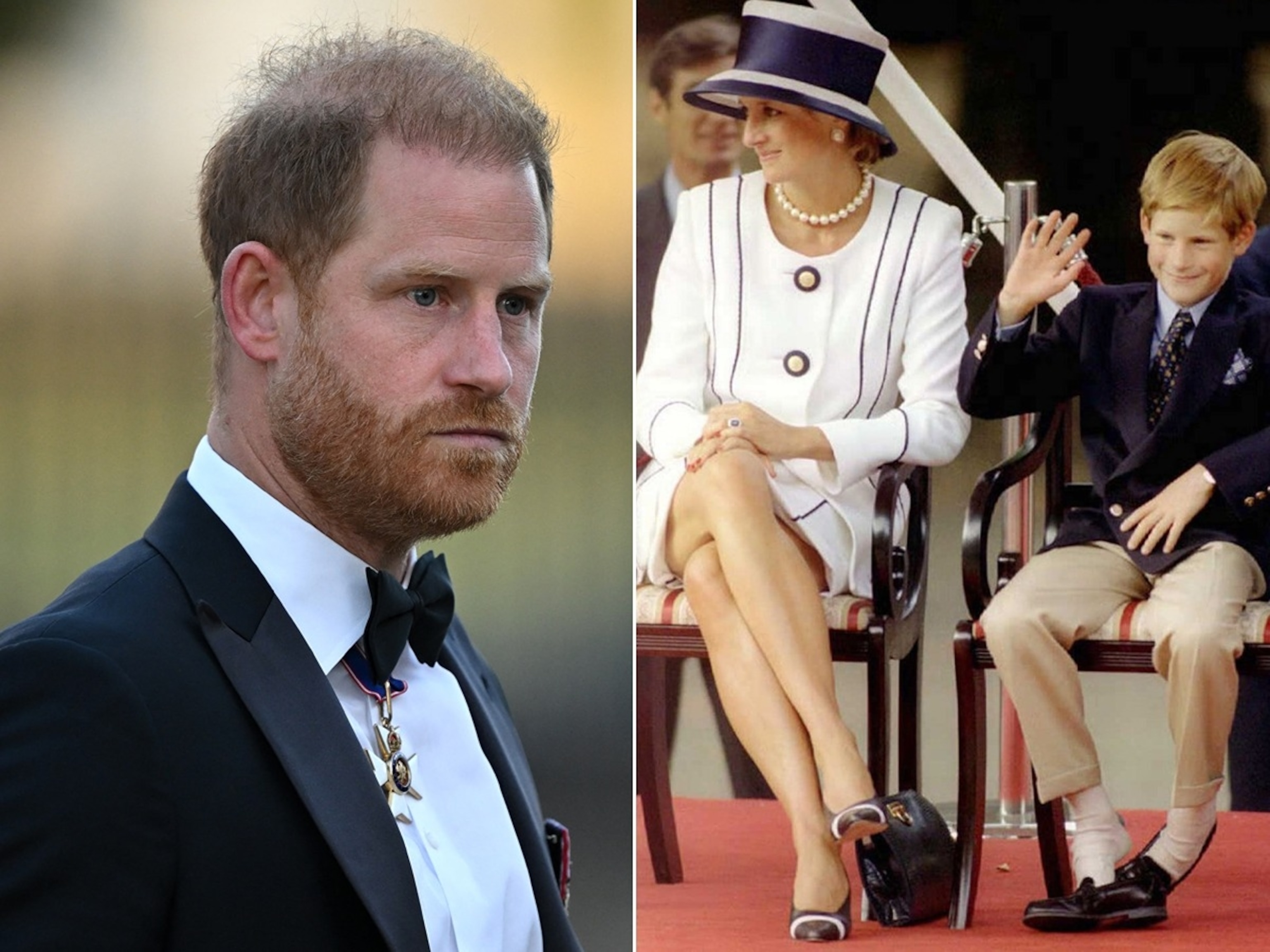PHOTO: Prince Harry, Duke of Sussex, arrives to attend the inaugural Invictus Spirit Awards in London, Sept. 17, 2026. Princess Diana and her son Harry watch veterans as they marchon the Mall as part of the commemorations of VJ Day, Aug. 19, 1995. 
