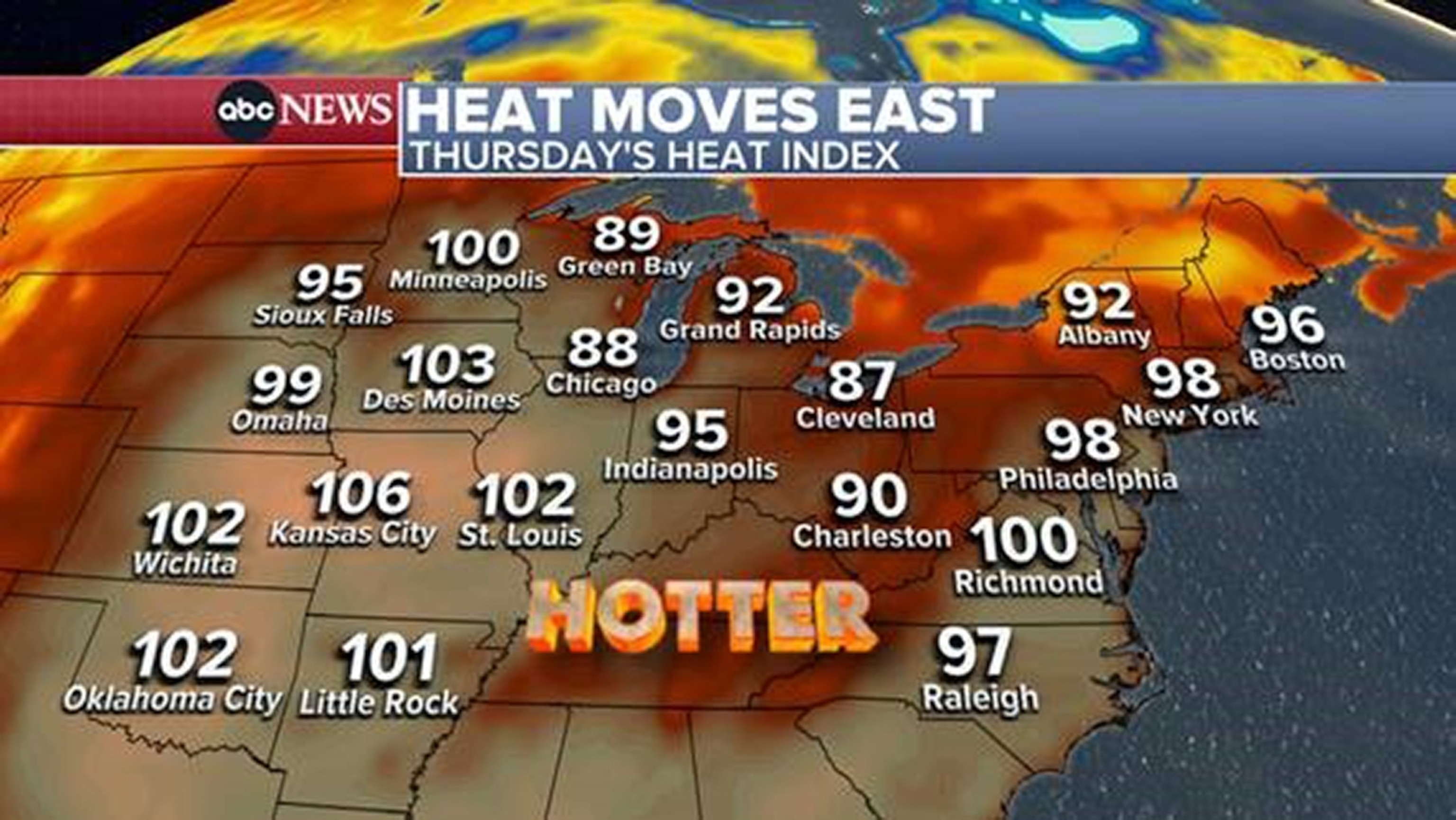 PHOTO: By July 27, 2023, heat index values are forecast to be near 100 degrees Fahrenheit along the Interstate 95 travel corridor from Richmond, Virginia, to Philadelphia, Pennsylvania, and New York, New York.