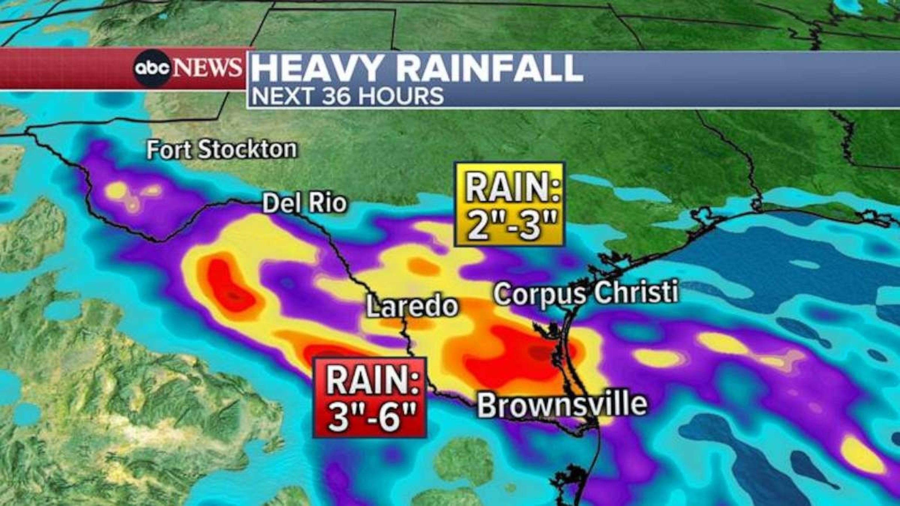 PHOTO: A weather map shows the forecast for heavy rainfall over the the next 36 hours, across southwest Texas, Aug. 22, 2023.