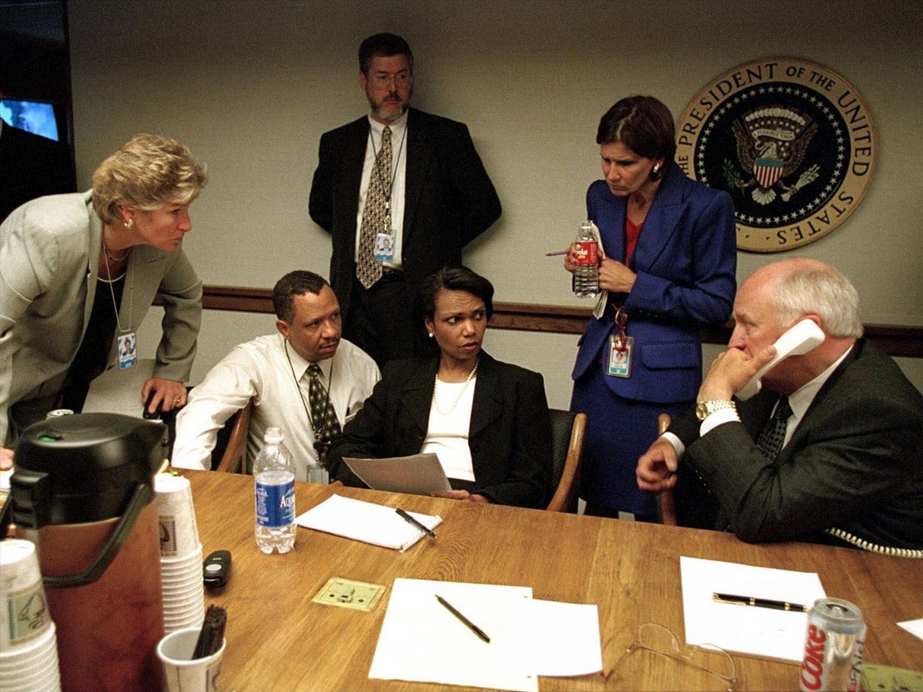 PHOTO: Vice President Dick Cheney speaks to President George W. Bush by phone inside the operations center at The White House in Washington, Sept. 11, 2001.