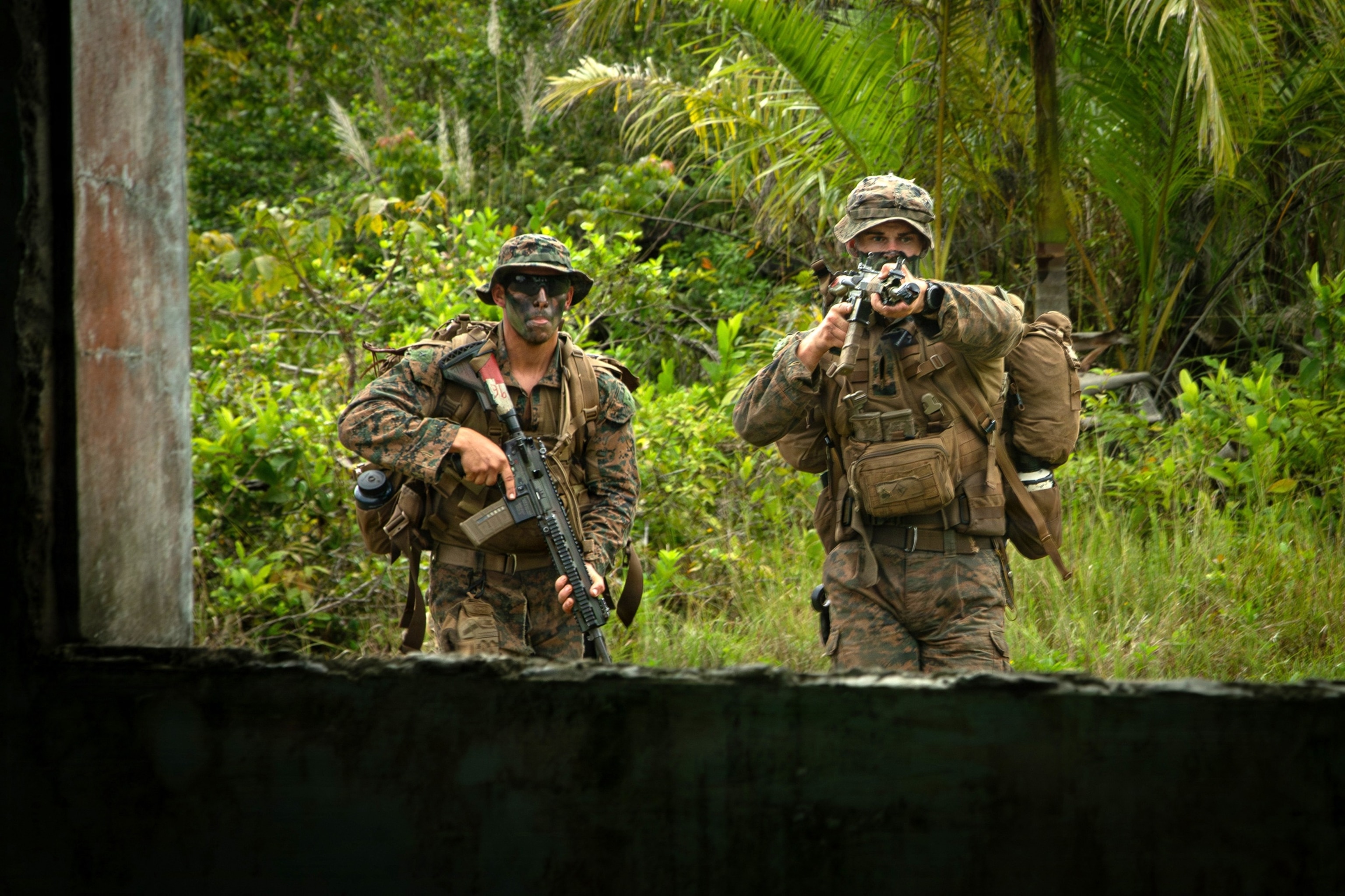 PHOTO: U.S. Marine Corps Lance Cpl. Robert Martinez, left, and Sgt. Jevin Wells, a squad leader, clear a building during the Combined Jungle Operations Training Course at Base Aeronaval Cristobal Colon, Panama, Oct. 27, 2025. 