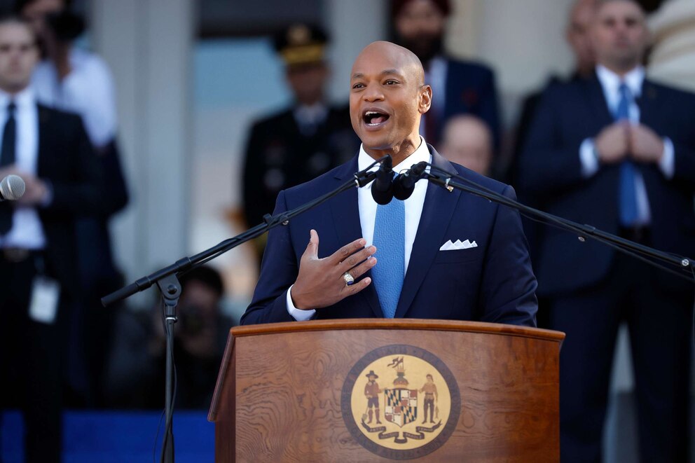 PHOTO: Maryland Governor Wes Moore delivers his inaugural address on the west side of the Maryland State House, Jan. 18, 2023, in Annapolis, Md.