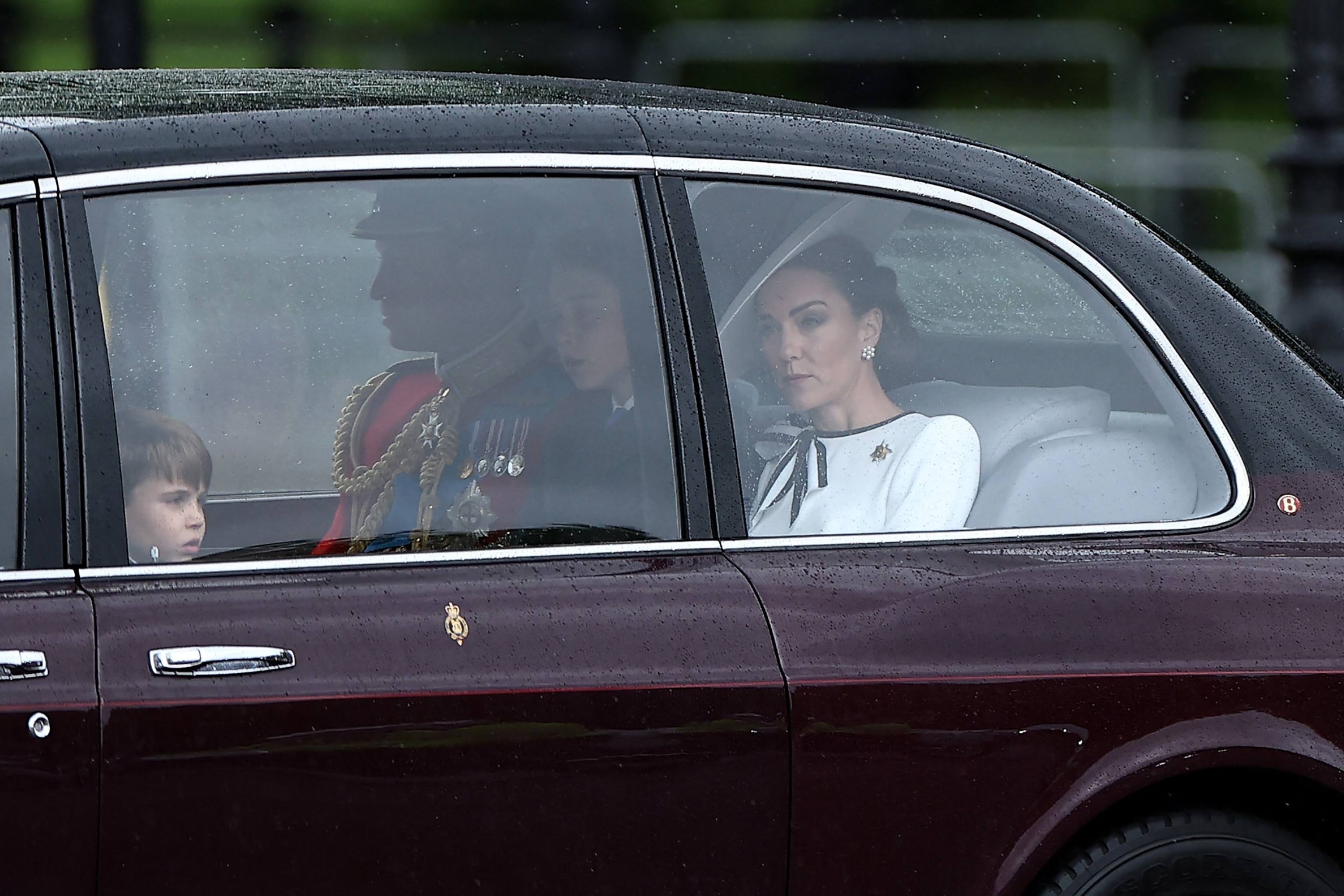 PHOTO: Britain's Catherine, Princess of Wales, arrives with Prince William, Prince of Wales and their children Prince George and Prince Louis to Buckingham Palace before the King's Birthday Parade "Trooping the Colour" in London on June 15, 2024.