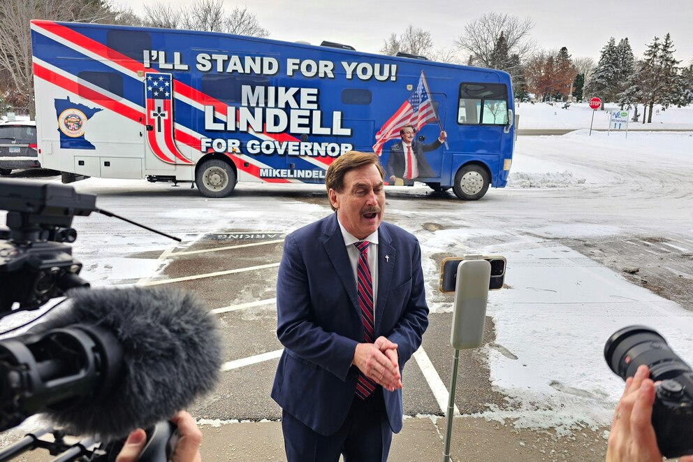 PHOTO: MyPillow CEO and founder Mike Lindell speaks to reporters at his MyPillow factory in the Minneapolis suburb of Shakopee, Minn., on Dec, 11, 2025, as he launches his campaign for the Republican nomination to challenge Gov. Tim Walz in 2026. 