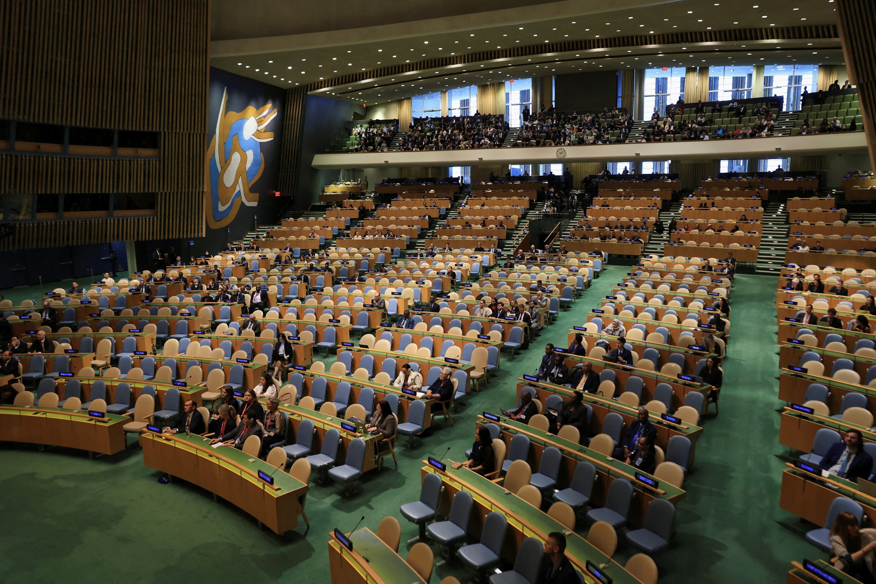 Photo: Empty seats such as Israeli Prime Minister Benjamin Netanyahu is addressed to the 80th General Assembly of the United Nations (UNGA) at the UN Headquarters in New York City, on September 26, 2025. 