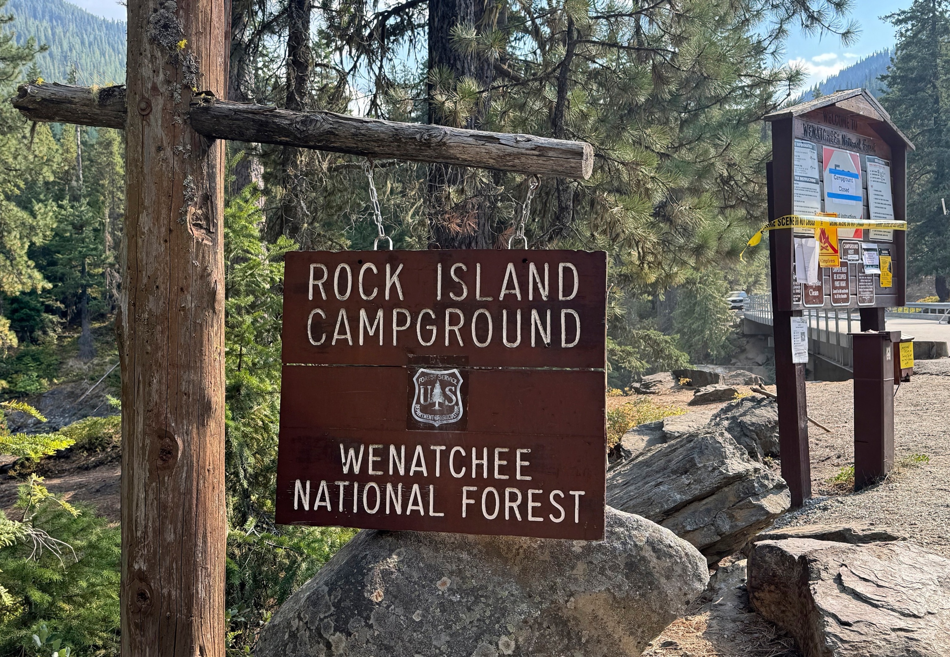 PHOTO: This photo provided by FBI Seattle shows the entrance to Rock Island Campground where multiple law enforcement agencies are searching for Travis Decker, who was charged with murder and kidnapping, near Leavenworth, Wash., on Monday, Aug. 25, 2025.