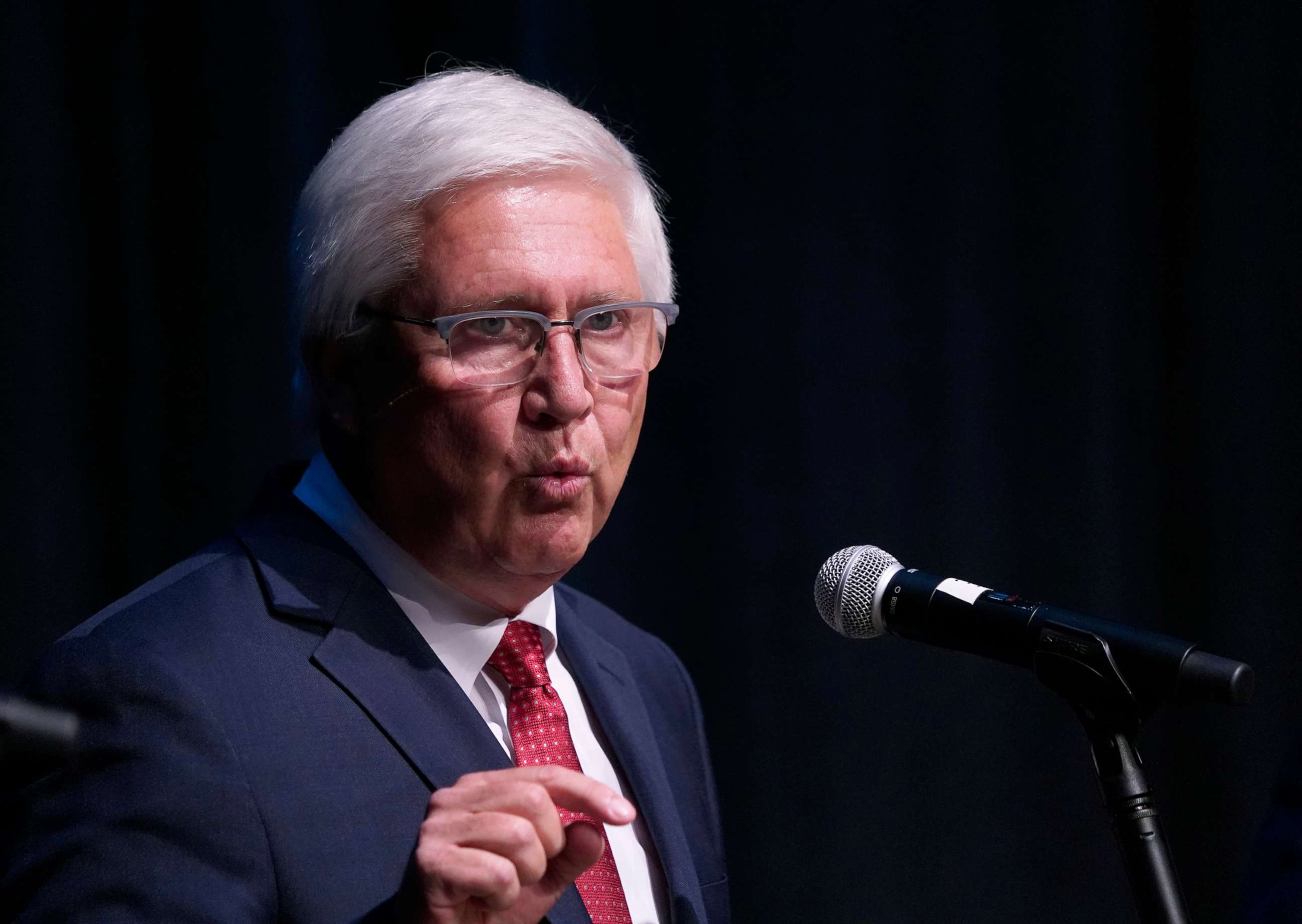 PHOTO: New Hampshire Republican Senate candidate Chuck Morse speaks during a debate in Henniker, N.H., Sept. 7, 2022.