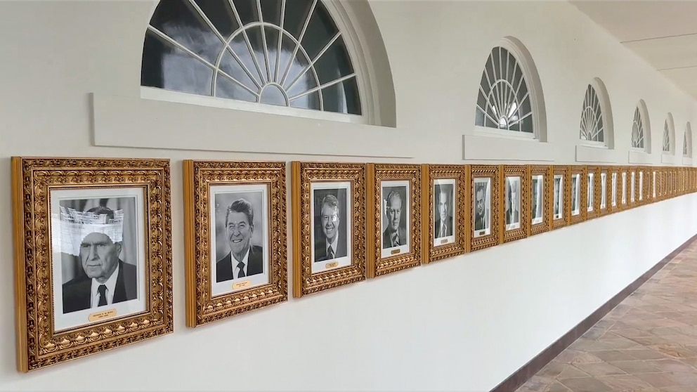 PHOTO: A new “Presidential Walk of Fame” has been built along the West Wing Colonnade featuring portraits of all the Presidents, however, rather than putting up former President Joe Biden’s portrait, a picture of an autopen is there instead. 