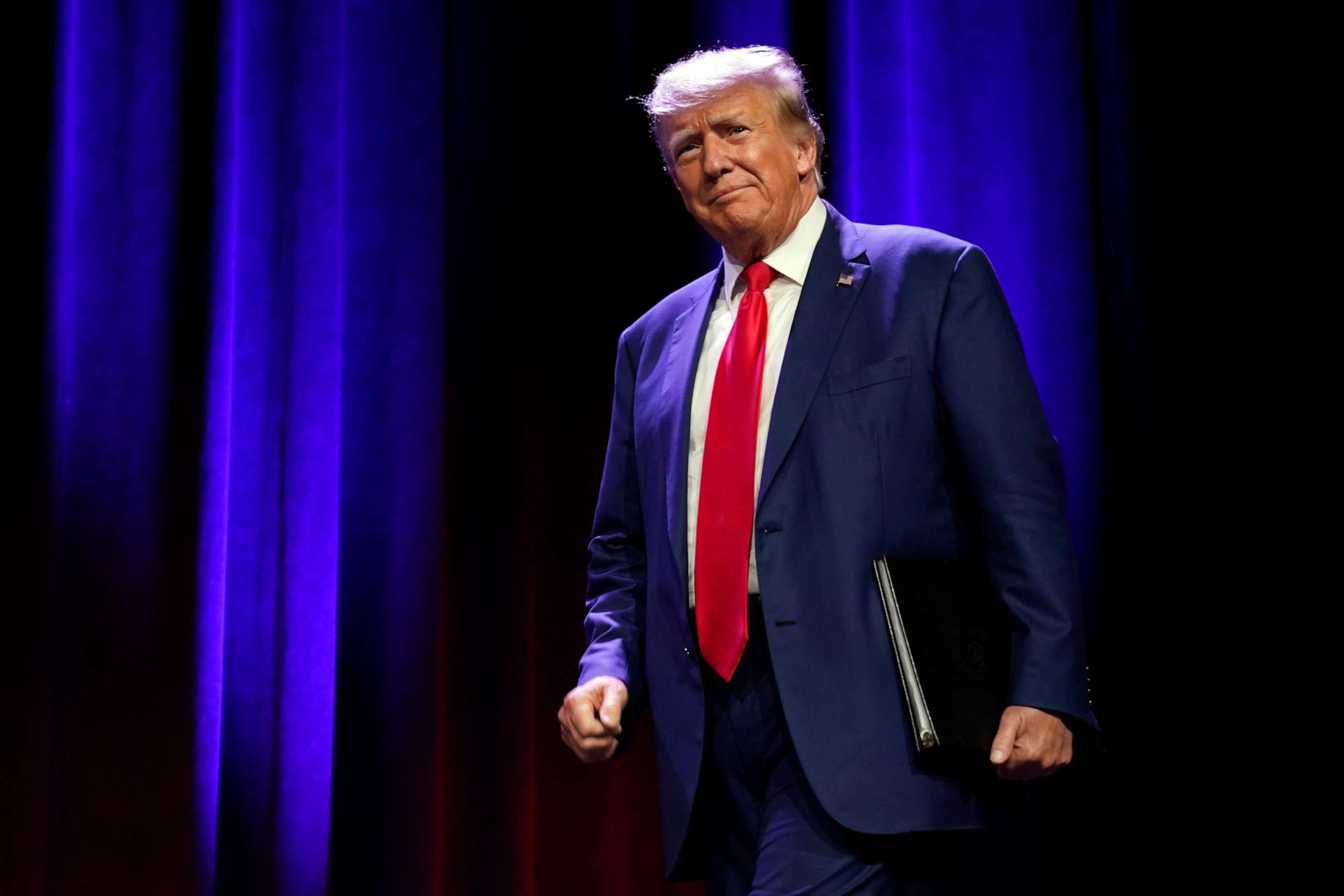 PHOTO: Republican presidential candidate former president Donald Trump speaks at the Republican Party of Iowa's 2023 Lincoln Dinner in Des Moines, Iowa, on July 28, 2023.