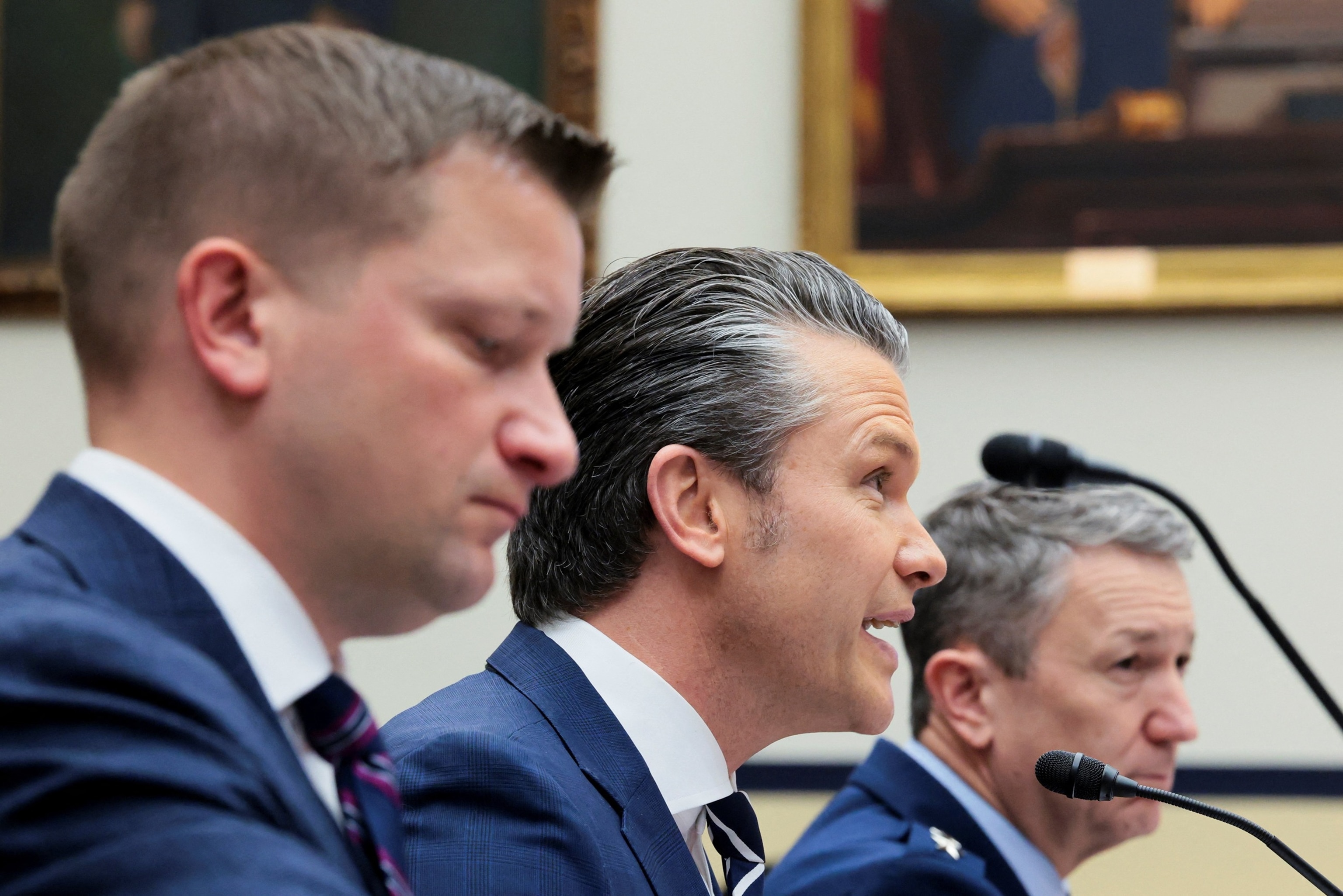 PHOTO: Defense Secretary Pete Hegseth, Chairman of the Joint Chiefs of Staff General Dan Caine and Under Secretary of Defense, Chief Financial Officer Jules W. Hurst, testify before a House Armed Services Committee hearing in Washington, April 29, 2026. 