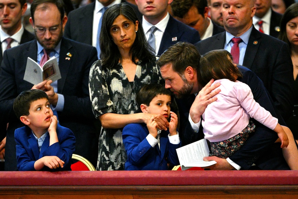 PHOTO: In this April 18, 2025, file photo, Vice President JD Vance and his wife Usha Vance attend the celebration of the Passion of the Lord on Good Friday as part of the Holy Week celebrations, at St Peter's Basilica in the Vatican.