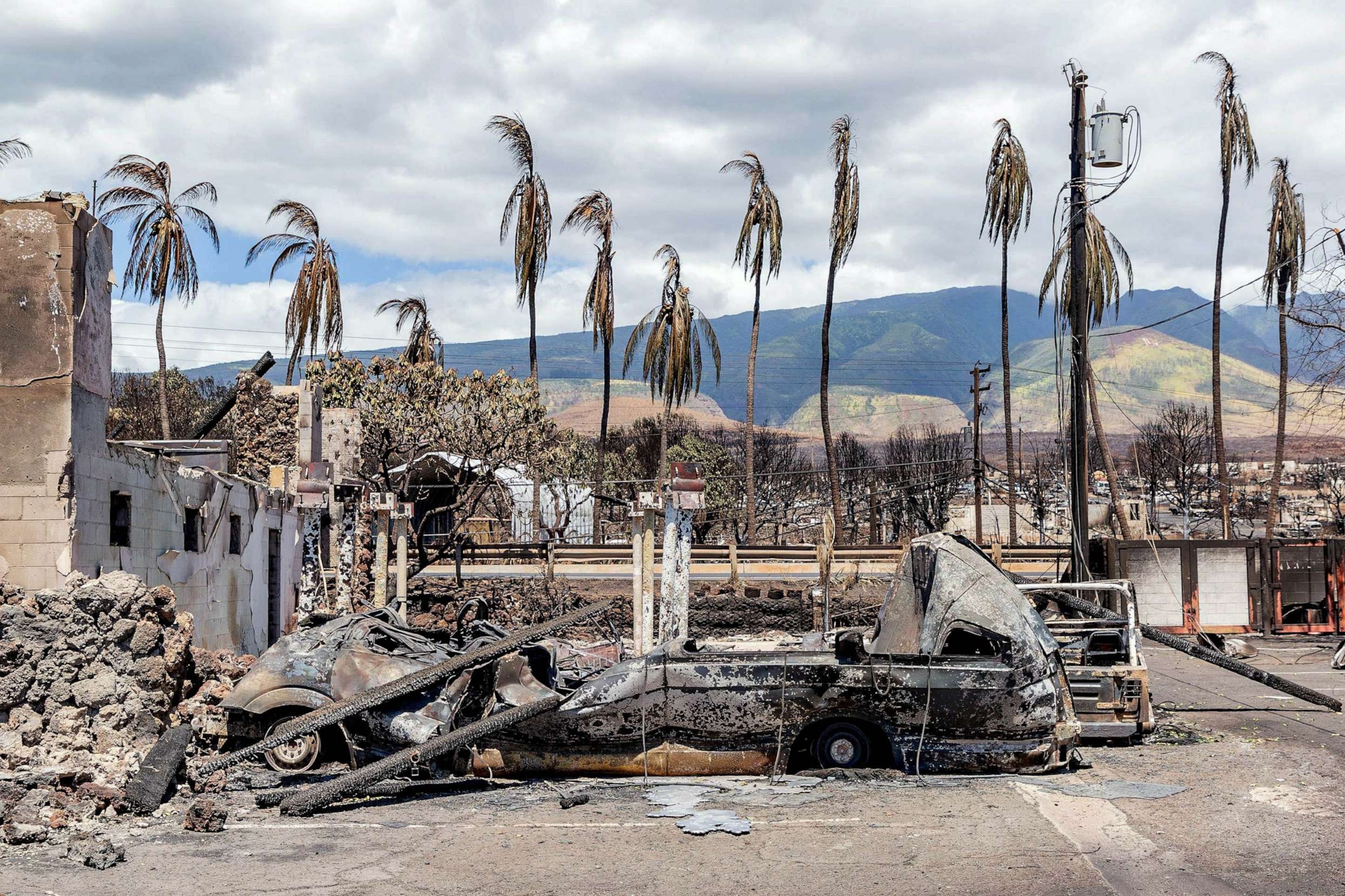 PHOTO: Burned palm trees and destroyed cars and buildings in the aftermath of a wildfire in Lahaina, western Maui, Hawaii, Aug. 11, 2023.