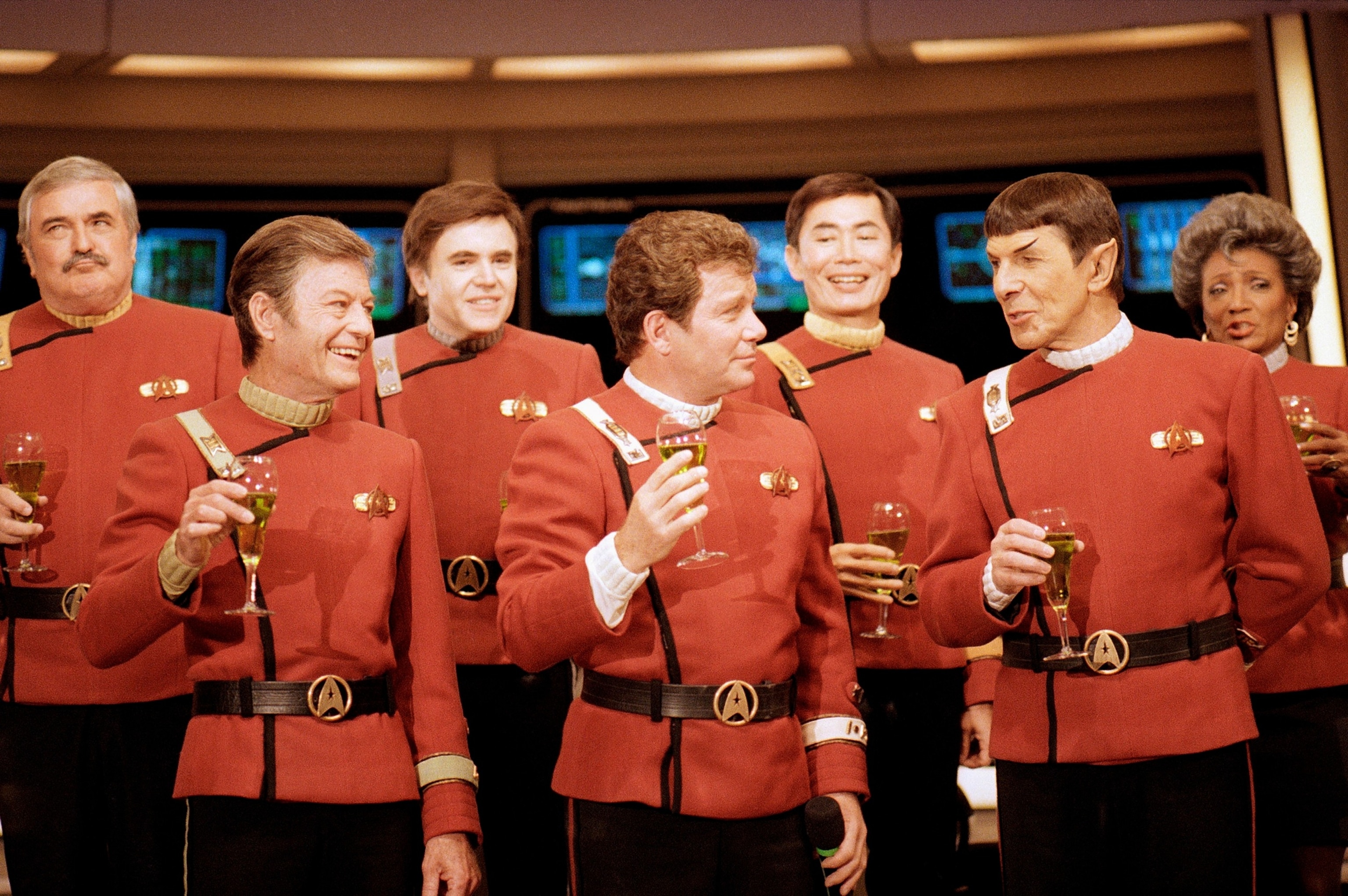 PHOTO: Members of the "Star Trek" crew toast the newest "Trek" film, "Star Trek V: The Final Frontier," during a news conference in Los Angeles, Dec. 28, 1988.