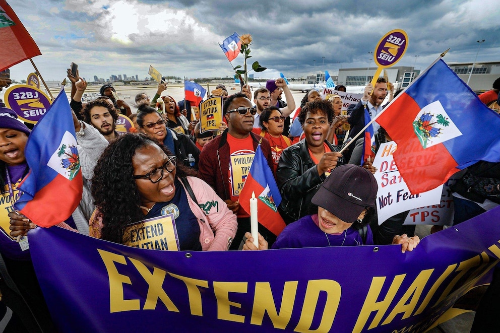 PHOTO: Protesters gather at Fort Lauderdale-Hollywood International Airport as airport workers and faith leaders rally calling on the federal government to extend Temporary Protected Status for Haiti, Jan. 28, 2026.