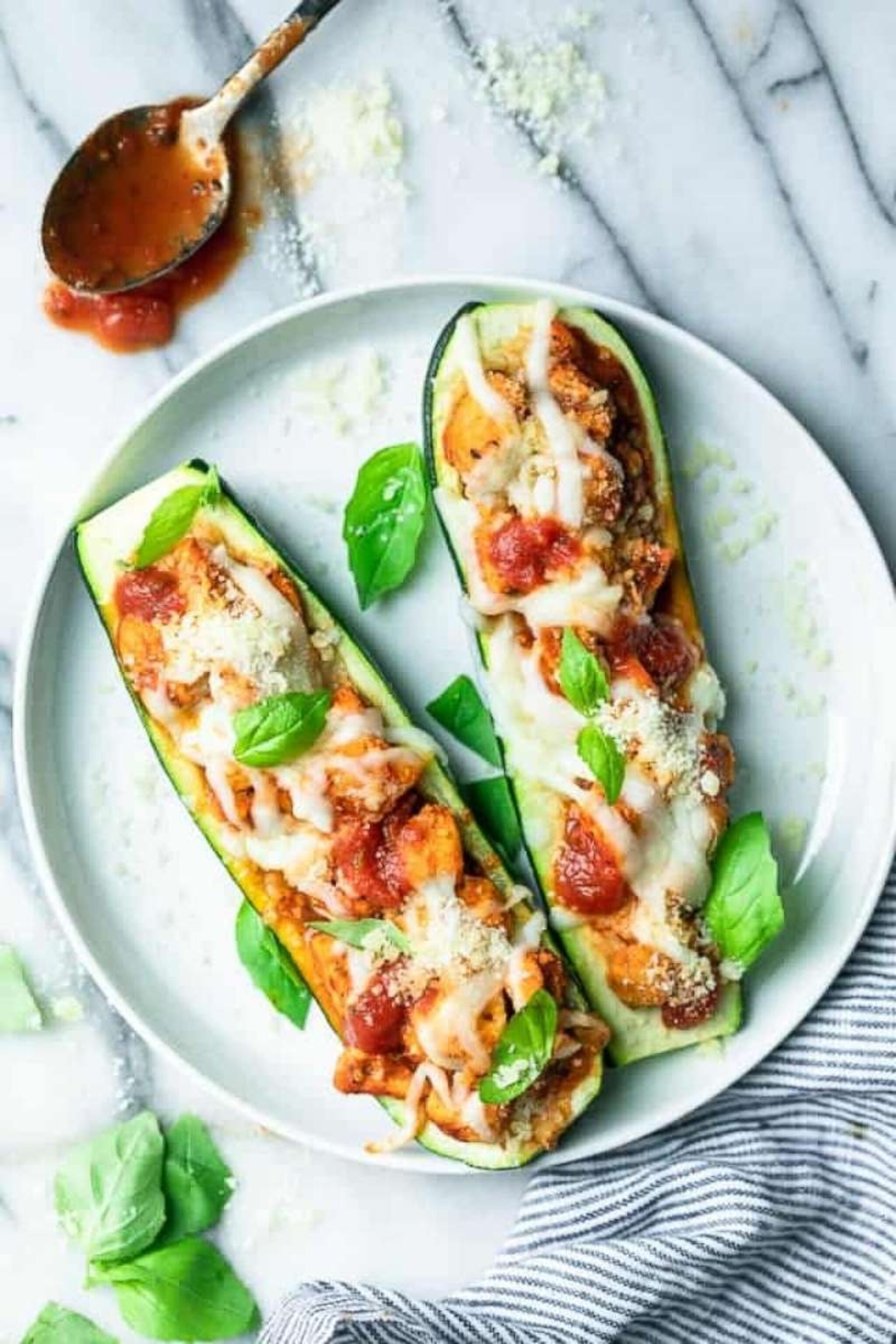 PHOTO: Chicken, tomato sauce and cheese stuffed zucchini.