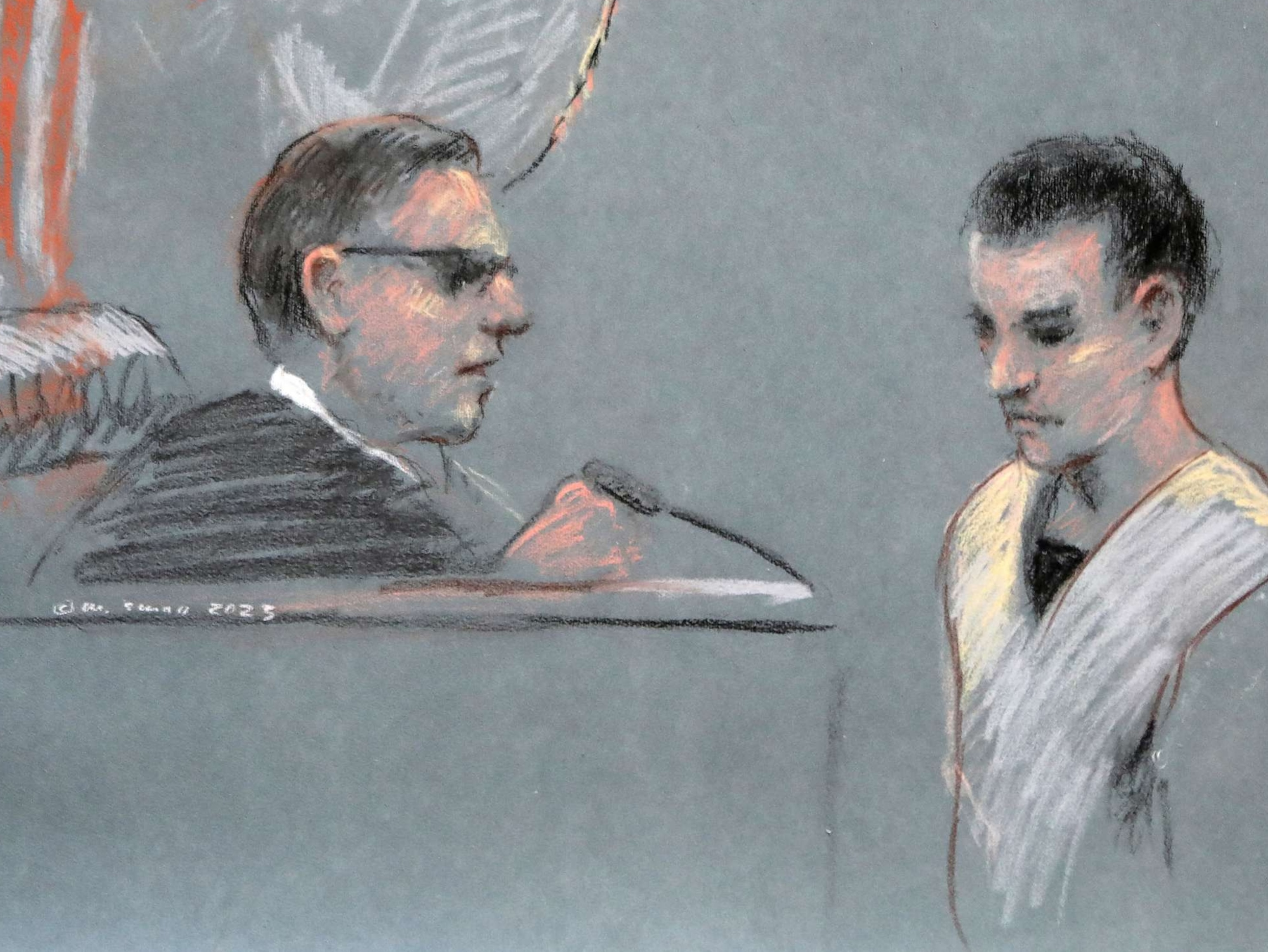 PHOTO: Jack Douglas Teixeira, a U.S. Air Force National Guard airman accused of leaking highly classified military intelligence records online, makes his initial appearance before a federal judge in Boston, on April 14, 2023, in a courtroom sketch.