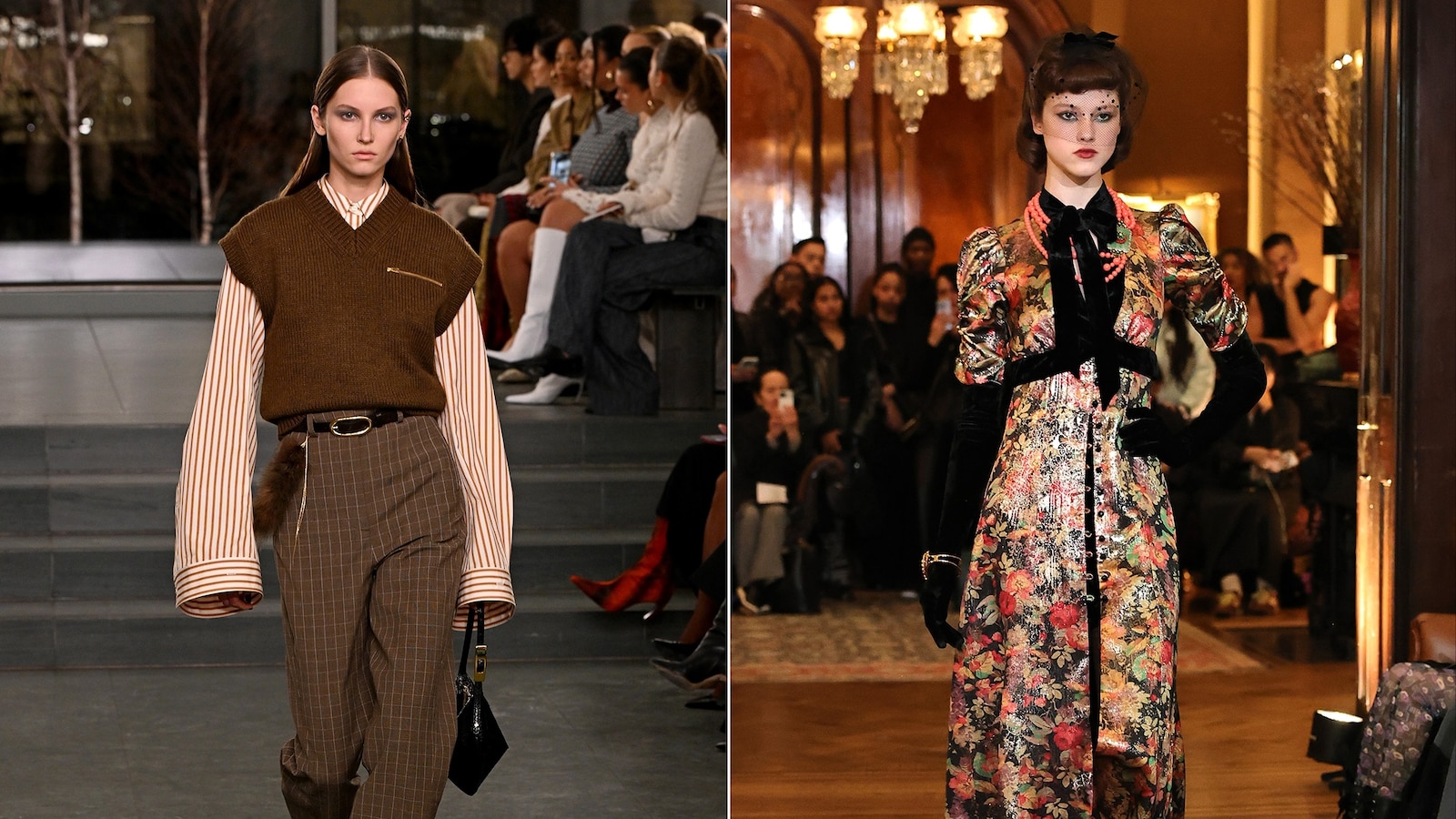 In this split image, a model walks the runway wearing Tory Burch Fall/Winter 2025 during New York Fashion Week at MOMA on Feb. 10, 2025 in New York City, and a model walks the runway at the Anna Sui fashion show during New York Fashion Week on Feb. 08, 2025.