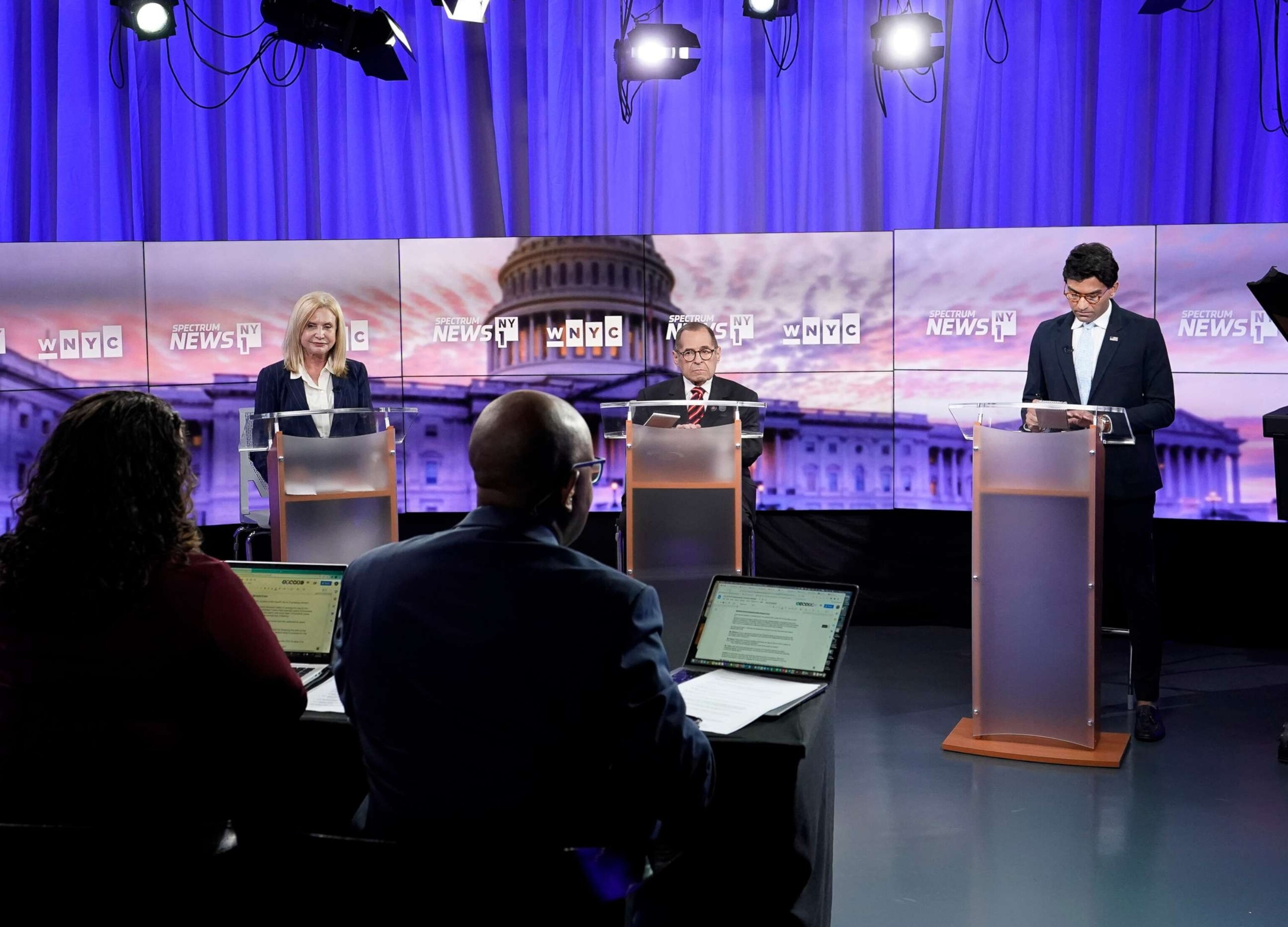 PHOTO: Rep. Carolyn Maloney, Rep. Jerry Nadler, center, and attorney Suraj Patel debate during New York's 12th Congressional District Democratic primary debate hosted by Spectrum News NY1 and WNYC, Aug. 2, 2022, in New York.