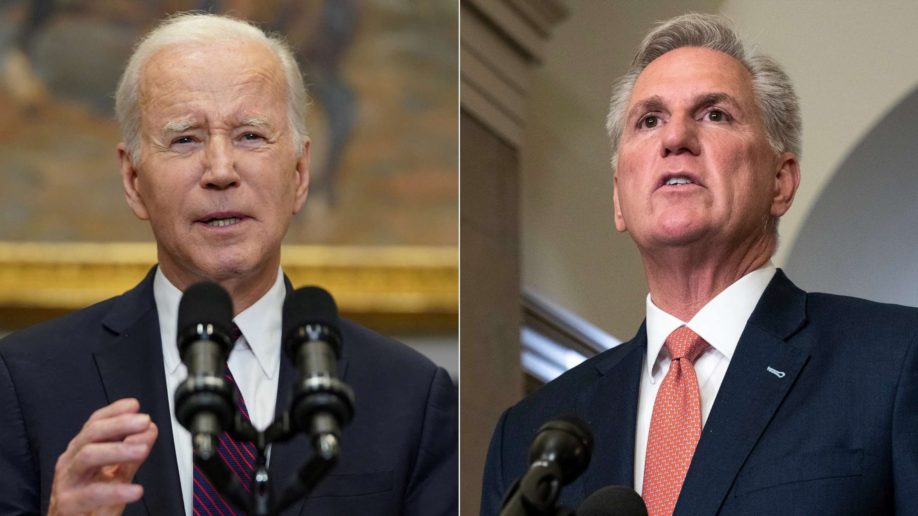 PHOTO: Split image showing President Joe Biden speaking to reporters in the Roosevelt Room at the White House, May 9, 2023, and Speaker of the House McCarthy speaking after meeting with President Biden about the debt ceiling, May 16, 2023, in Washington.