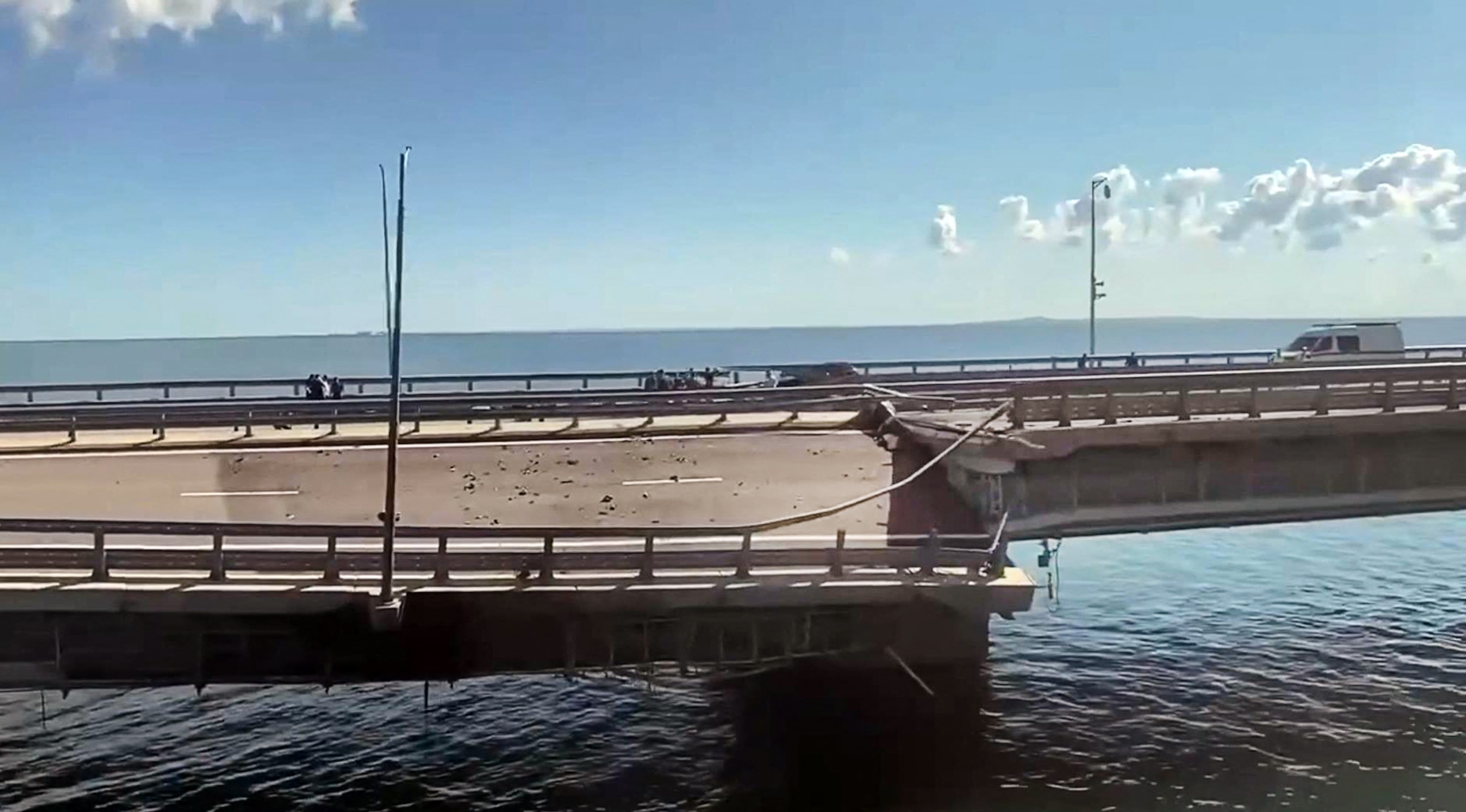 PHOTO: This video footage on July 17, 2023 shows the damaged Kerch bridge -- linking Crimea to Russia -- which was heavily damaged following an attack.