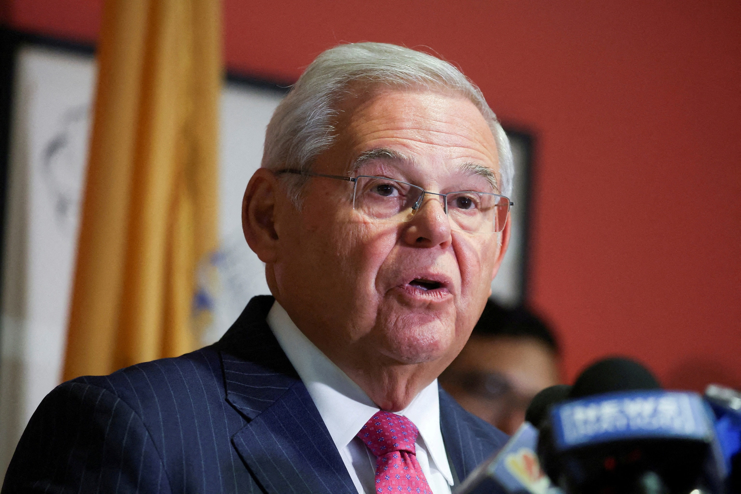 PHOTO: U.S. Senator Robert Menendez, D-N.J., delivers remarks after he and his wife Nadine Menendez were indicted on bribery offenses, Sept. 25, 2023, in Union City, N.J.