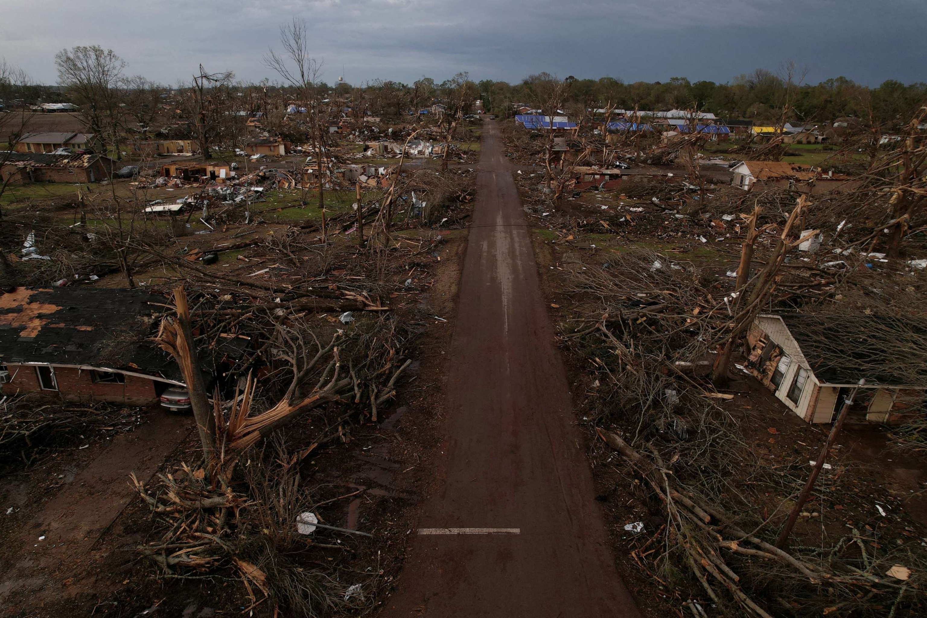 PHOTO: An aerial view of wreckage in the town of Rolling Fork after thunderstorms spawning high straight-line winds and tornadoes ripped across the state in Rolling Fork, Miss., March 26, 2023.