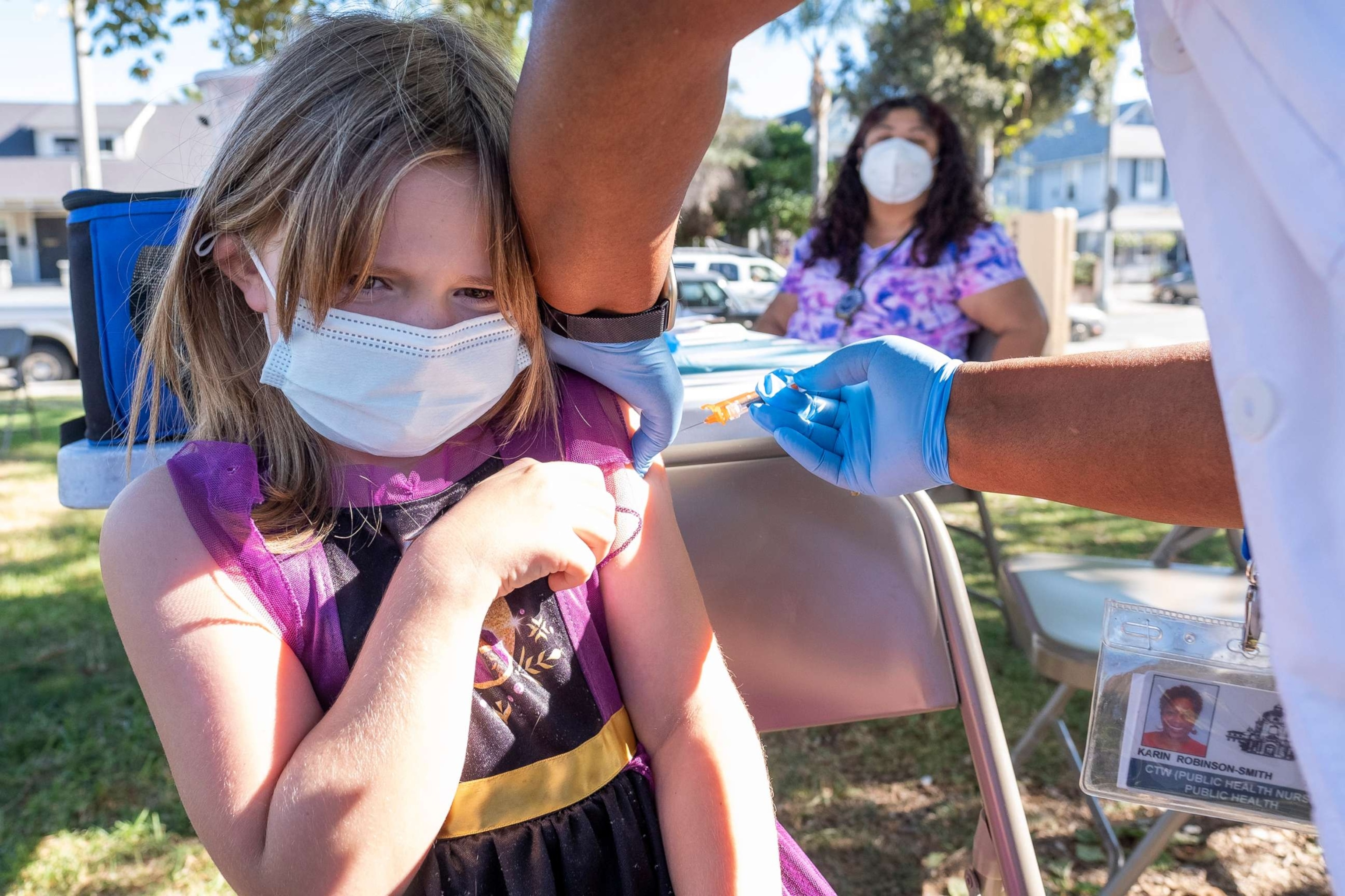 PHOTO: In this July 8, 2022, file photo, a 7-year-old receives a vaccination shot at a COVID vaccination clinic in Pasadena, Calif.