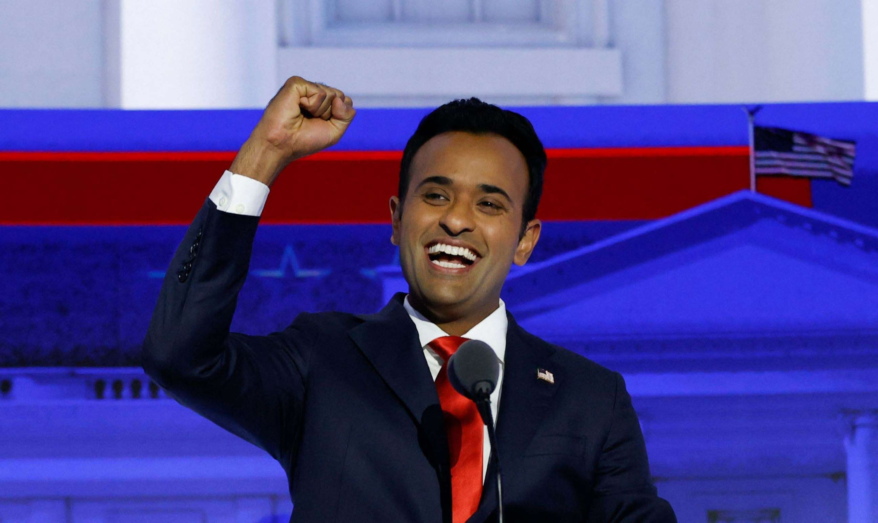 PHOTO: Entrepreneur and author Vivek Ramaswamy gestures as he arrives to take part in the first Republican Presidential primary debate at the Fiserv Forum in Milwaukee, Wisconsin, on Aug. 23, 2023.