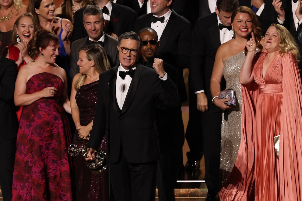 PHOTO: Stephen Colbert accepts the Outstanding Talk Series award for "The Late Show with Stephen Colbert"  during the 77th Primetime Emmy Awards, in Los Angeles, September 14, 2025.