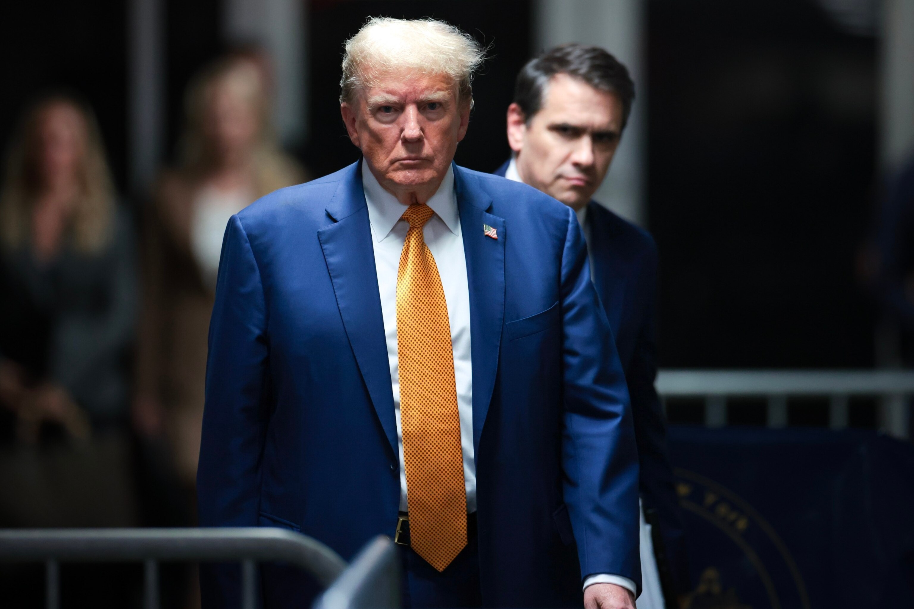 PHOTO: Former President Donald Trump walks to speak to the press at the end of the day during his trial for allegedly covering up hush money payments at Manhattan Criminal Court on May 7, 2024, in New York City.