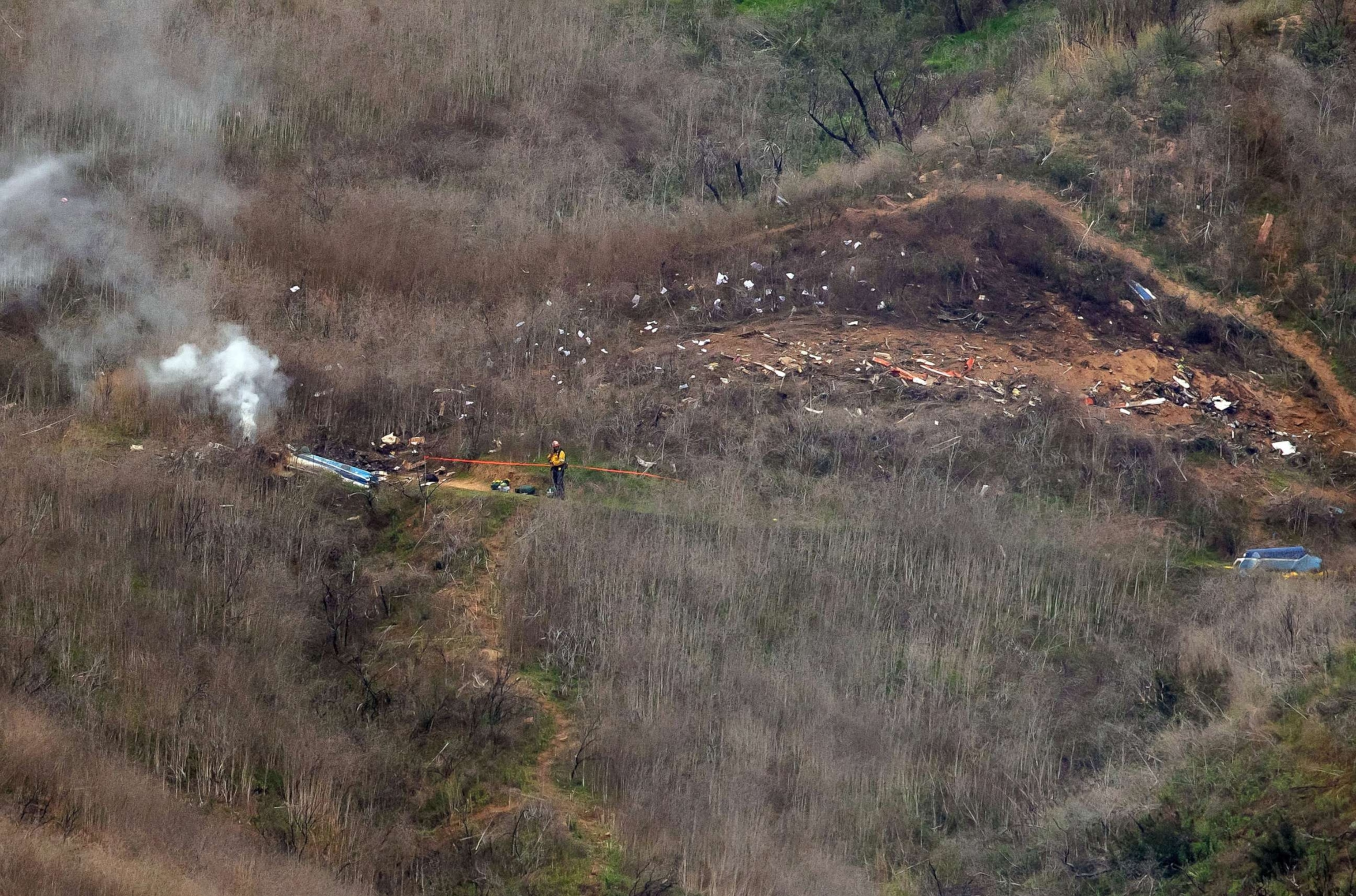 PHOTO: An aerial view shows the site of a helicopter crash that claimed the lives of former NBA great Kobe Bryant and his daughter Gianna Bryant, 13, in Calabasas, Calif., Jan. 26, 2020.