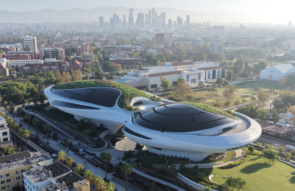 PHOTO: An aerial view of the new Lucas Museum of Narrative Art before a media preview of the 300,000 square foot structure in Exposition Park on September 2, 2026 in Los Angeles, California.