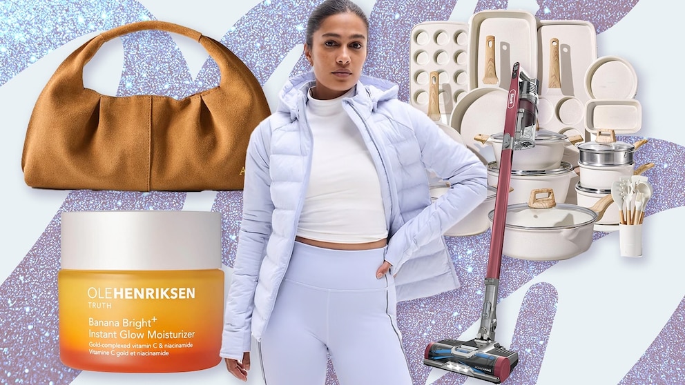 A flat lay display of various discounted products including a velvet skirt, a moisturizer jar, a handbag, and a vacuum cleaner.