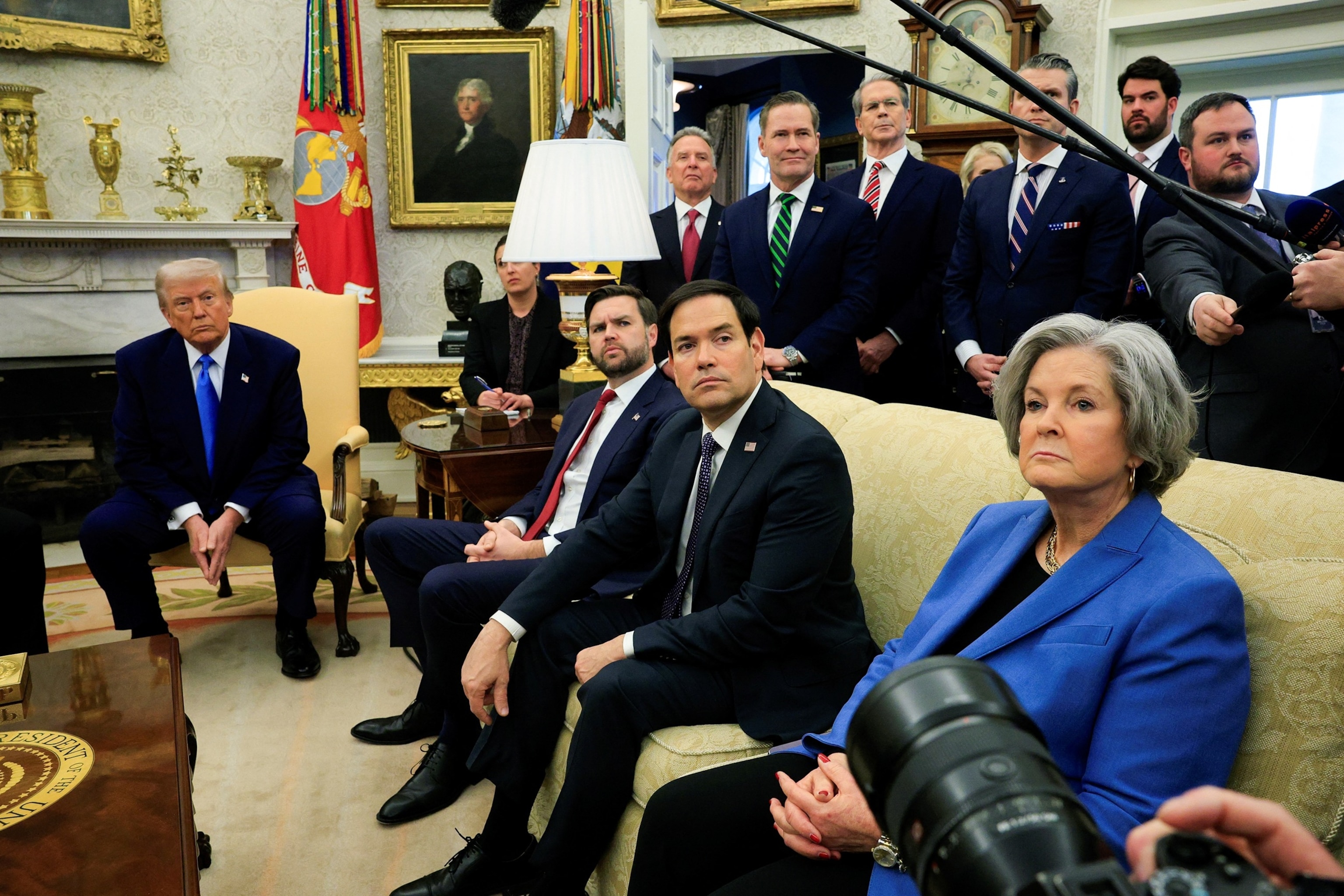 PHOTO: Secretary of State Marco Rubio, right, listens as President Donald Trump meets with France's President Emmanuel Macron in the Oval Office of the White House in Washington, Feb. 24, 2025.