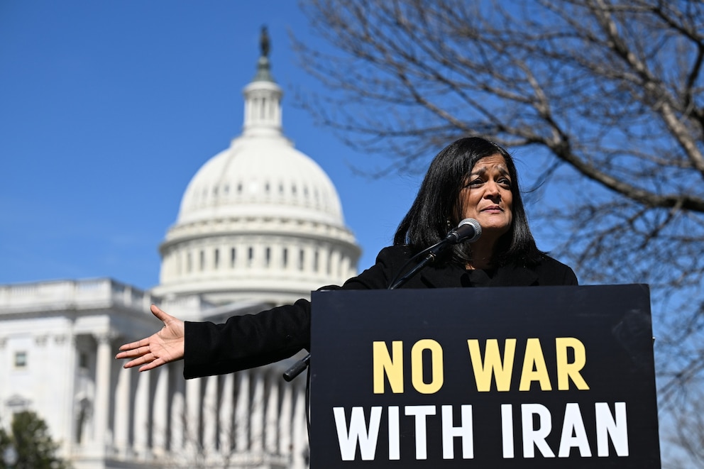 PHOTO: Rep. Pramila Jayapal speaks outside the United States Capitol, on March 18, 2026, in Washington, D.C.